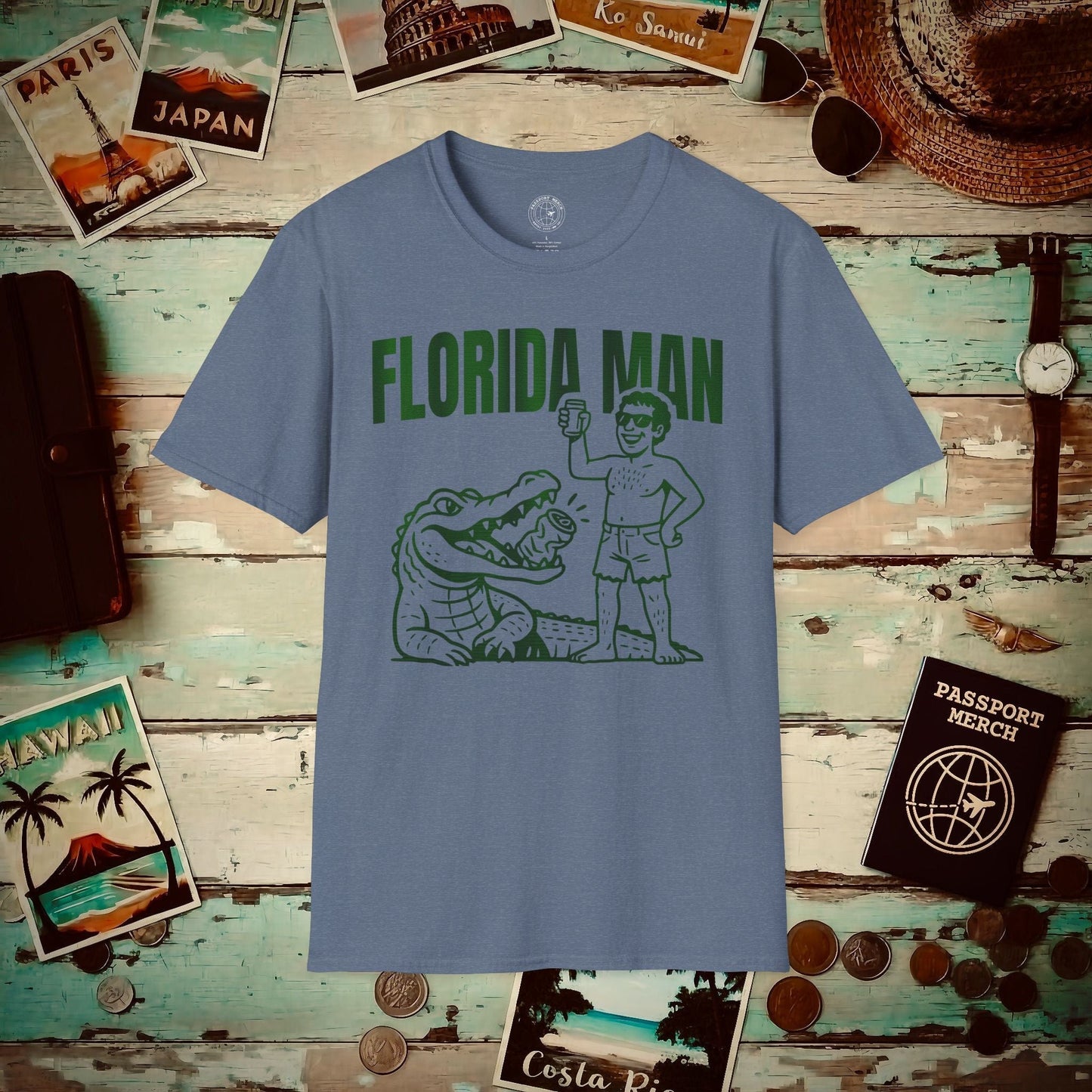 Florida Man Uses Alligator to Open Beer Can T-Shirt Heather Indigo / S