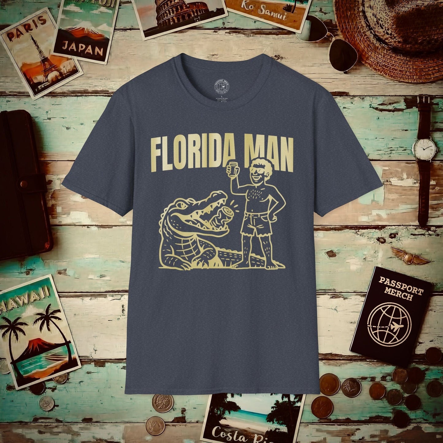 Florida Man Uses Alligator to Open Beer Can T-Shirt Heather Navy / S
