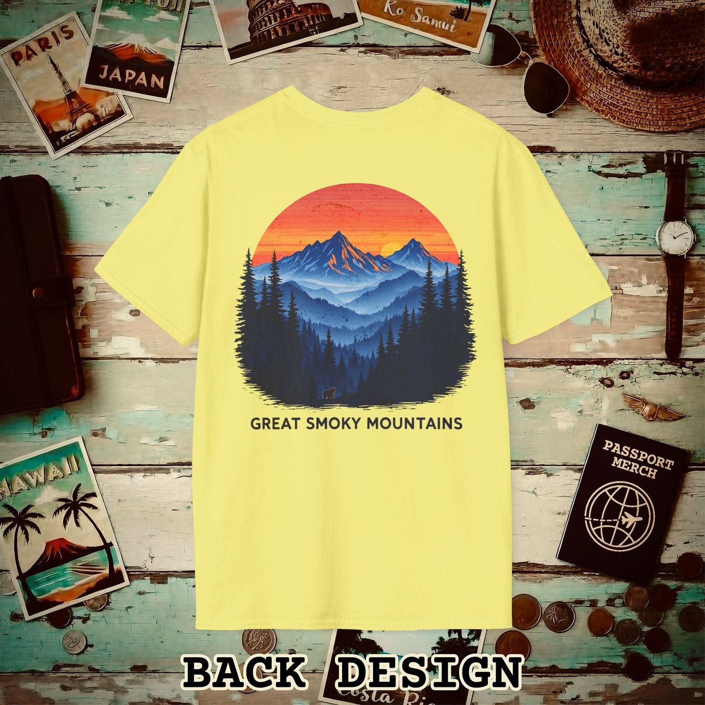 Great Smoky Mountains, Tennessee, Back Print T-Shirt Cornsilk / S