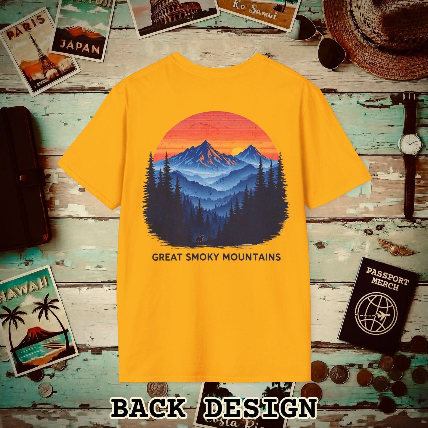 Great Smoky Mountains, Tennessee, Back Print T-Shirt Gold / S