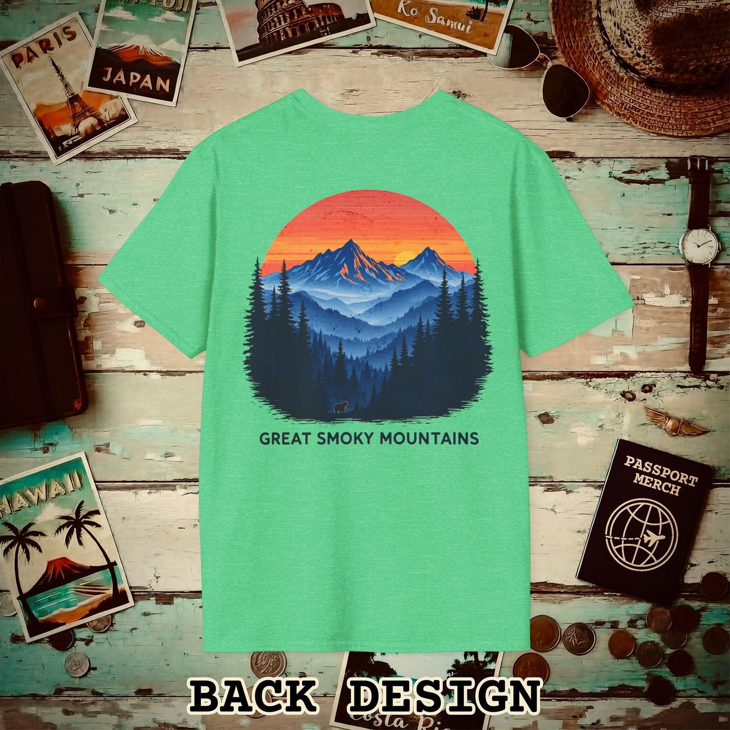 Great Smoky Mountains, Tennessee, Back Print T-Shirt Heather Irish Green / S