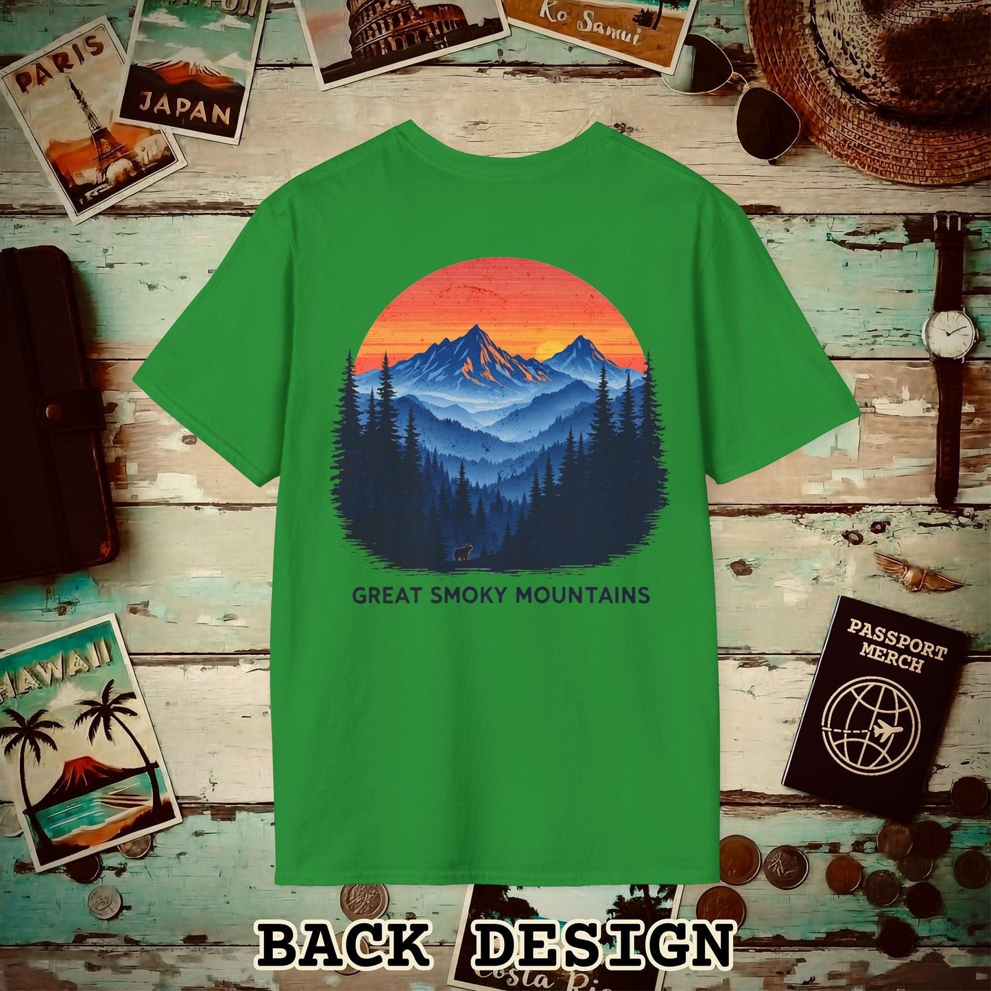 Great Smoky Mountains, Tennessee, Back Print T-Shirt Irish Green / S