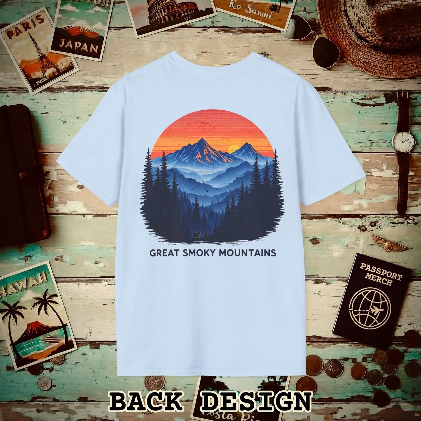 Great Smoky Mountains, Tennessee, Back Print T-Shirt Light Blue / S