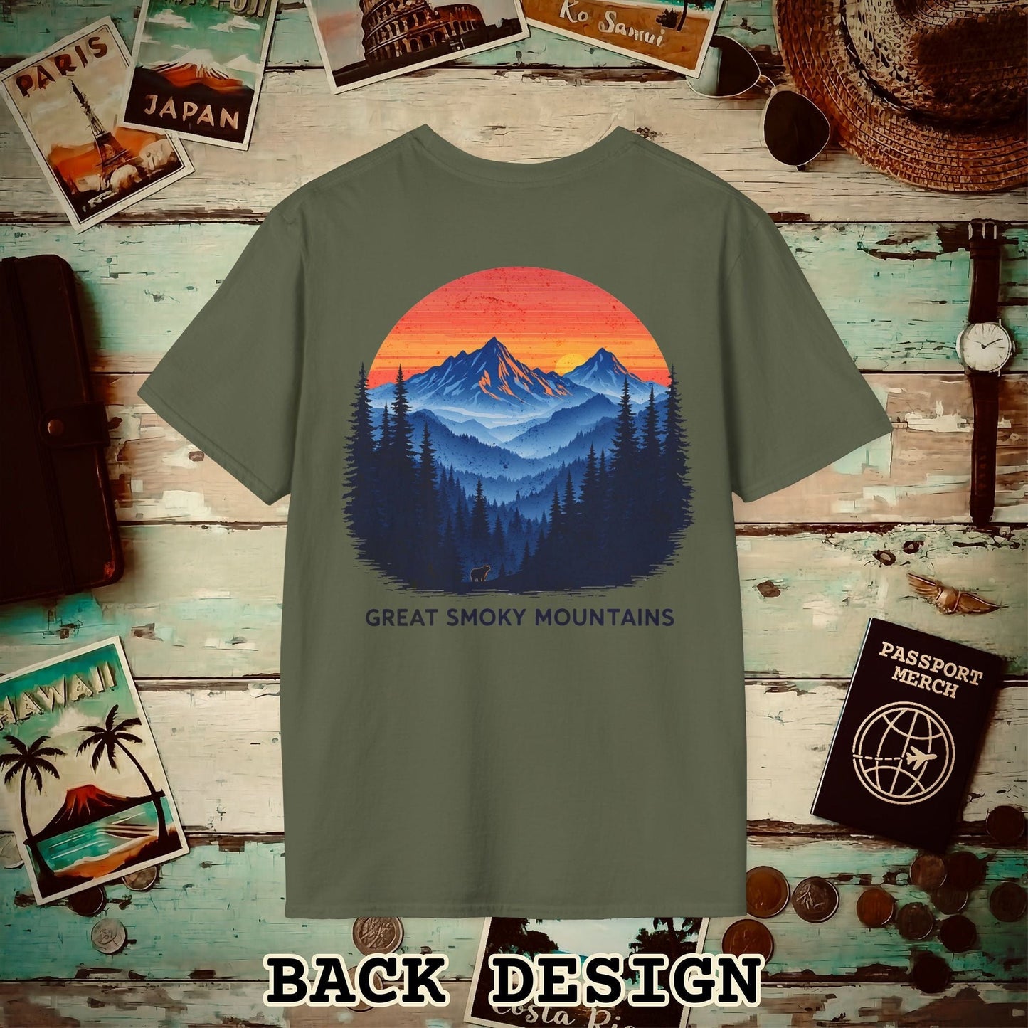 Great Smoky Mountains, Tennessee, Back Print T-Shirt Military Green / S