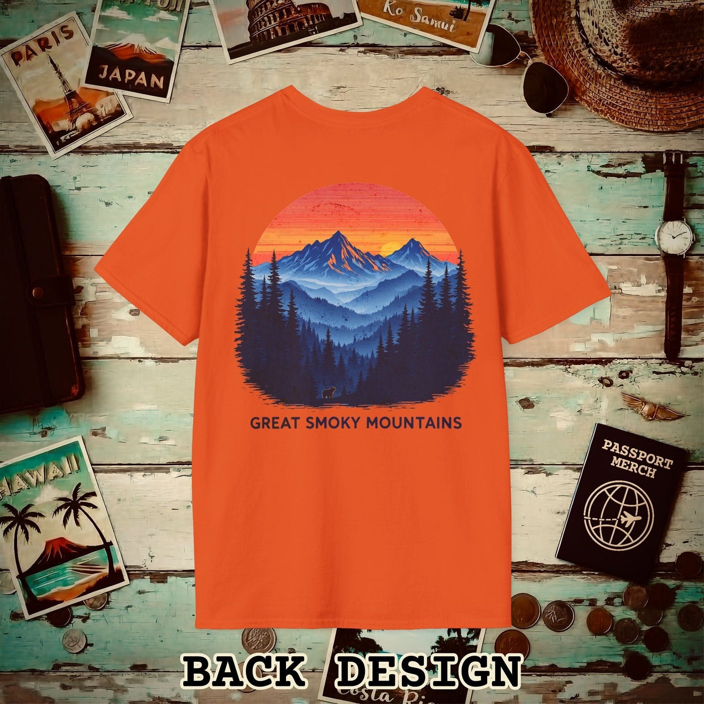 Great Smoky Mountains, Tennessee, Back Print T-Shirt Orange / S