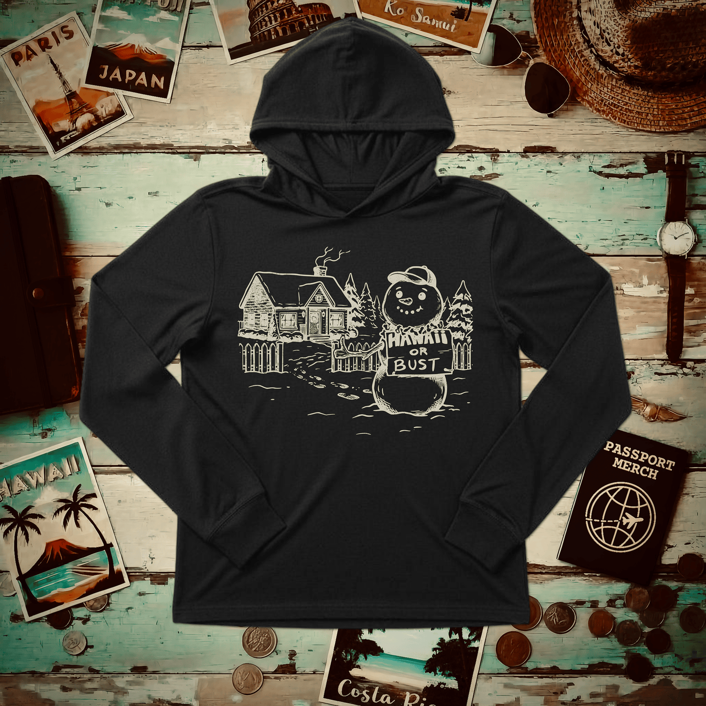 Hawaii Or Bust Snowman Hooded Long Sleeve Black / S