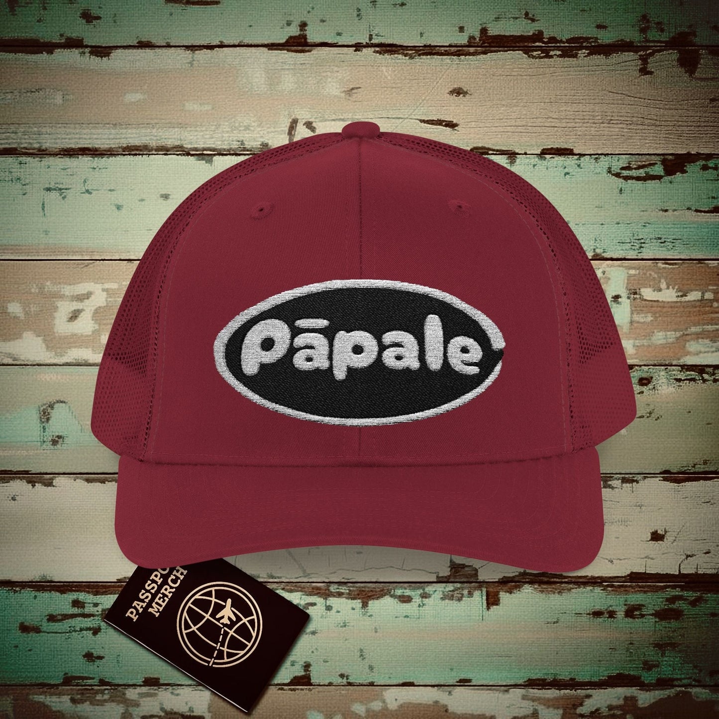 Hawaiian Language Embroidered Trucker Hat that says Hat (Papale) Cranberry / One size