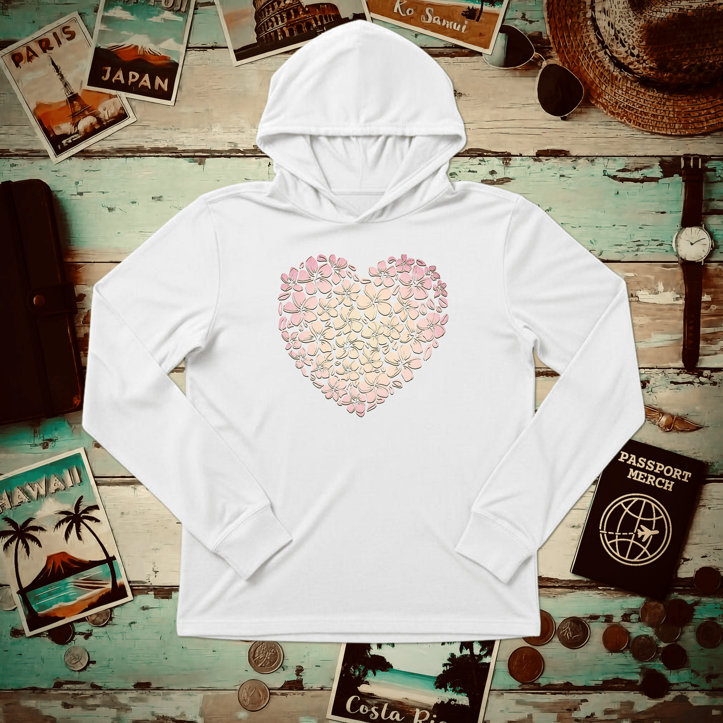 Hawaiian Plumeria Heart Hooded Long Sleeve White / XS