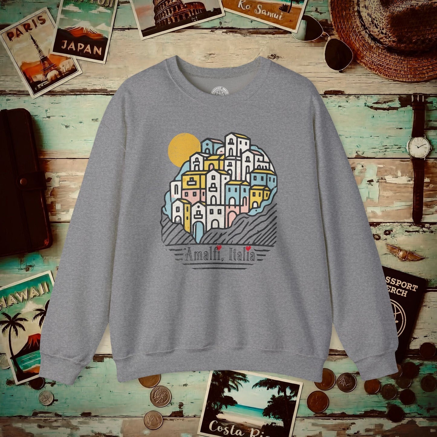 Hearts for Amalfi, Italy Crewneck Graphite Heather / S