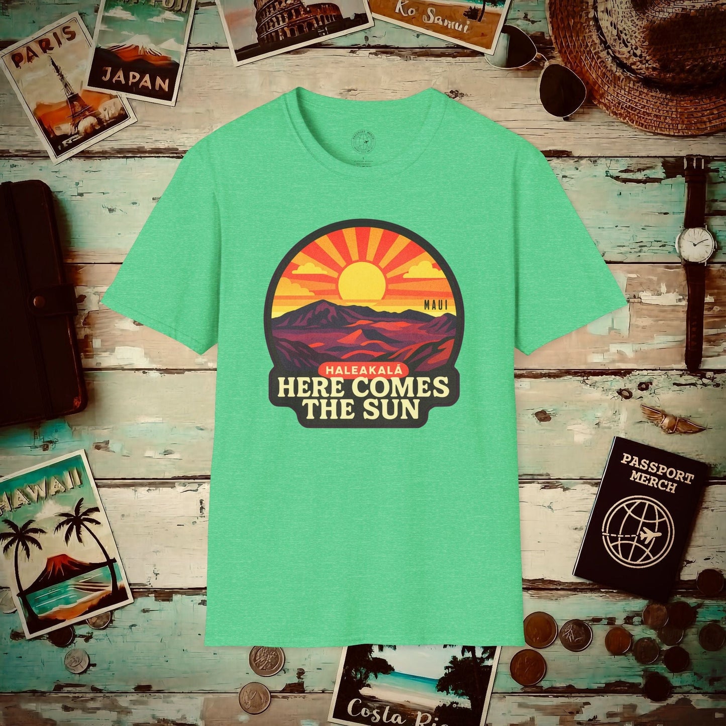 Here Comes the Sun, Haleakala, Maui, Hawaii T-Shirt Heather Irish Green / S