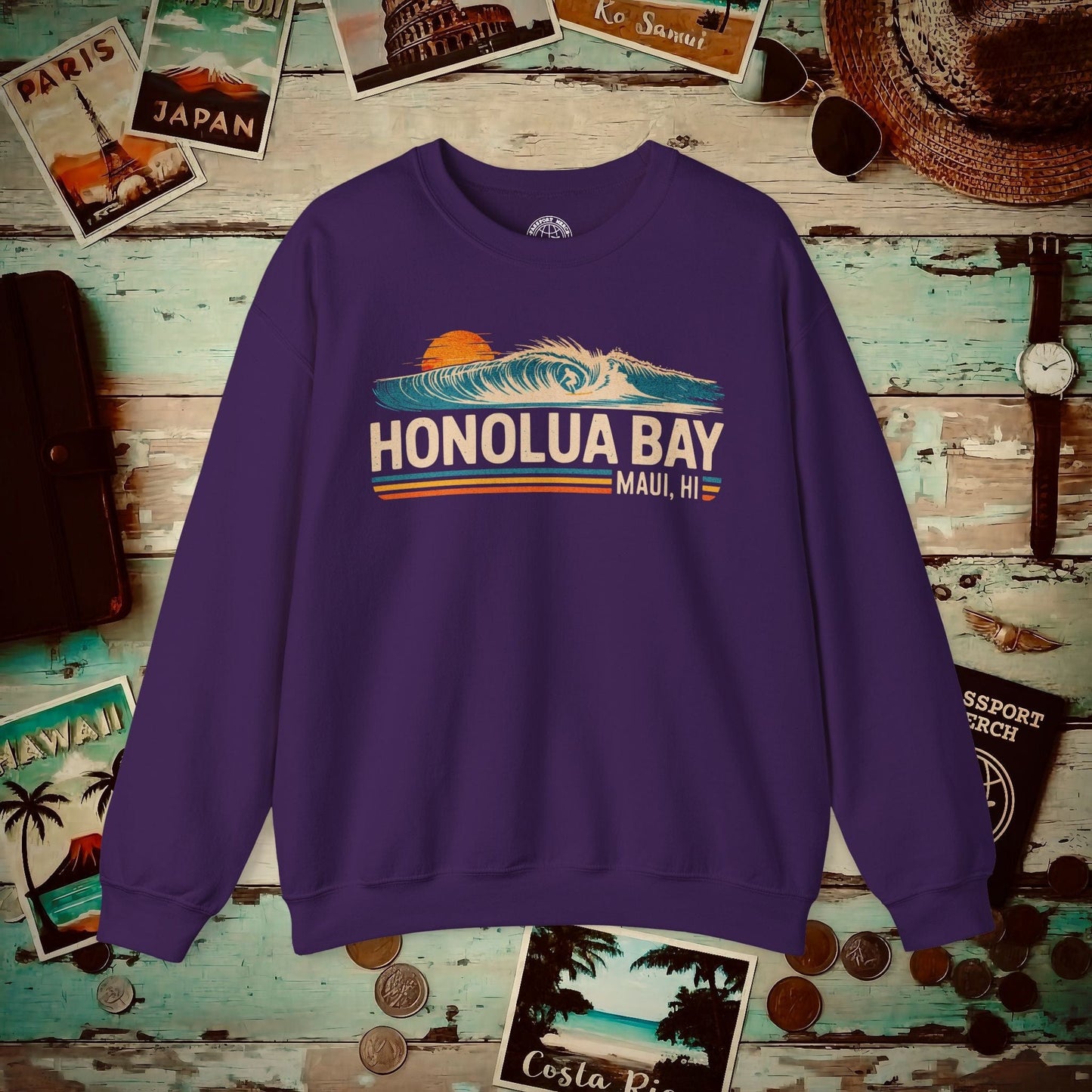 Honolua Bay, Maui, Hawaii - Vibrant Surf Retro Crewneck Purple / S