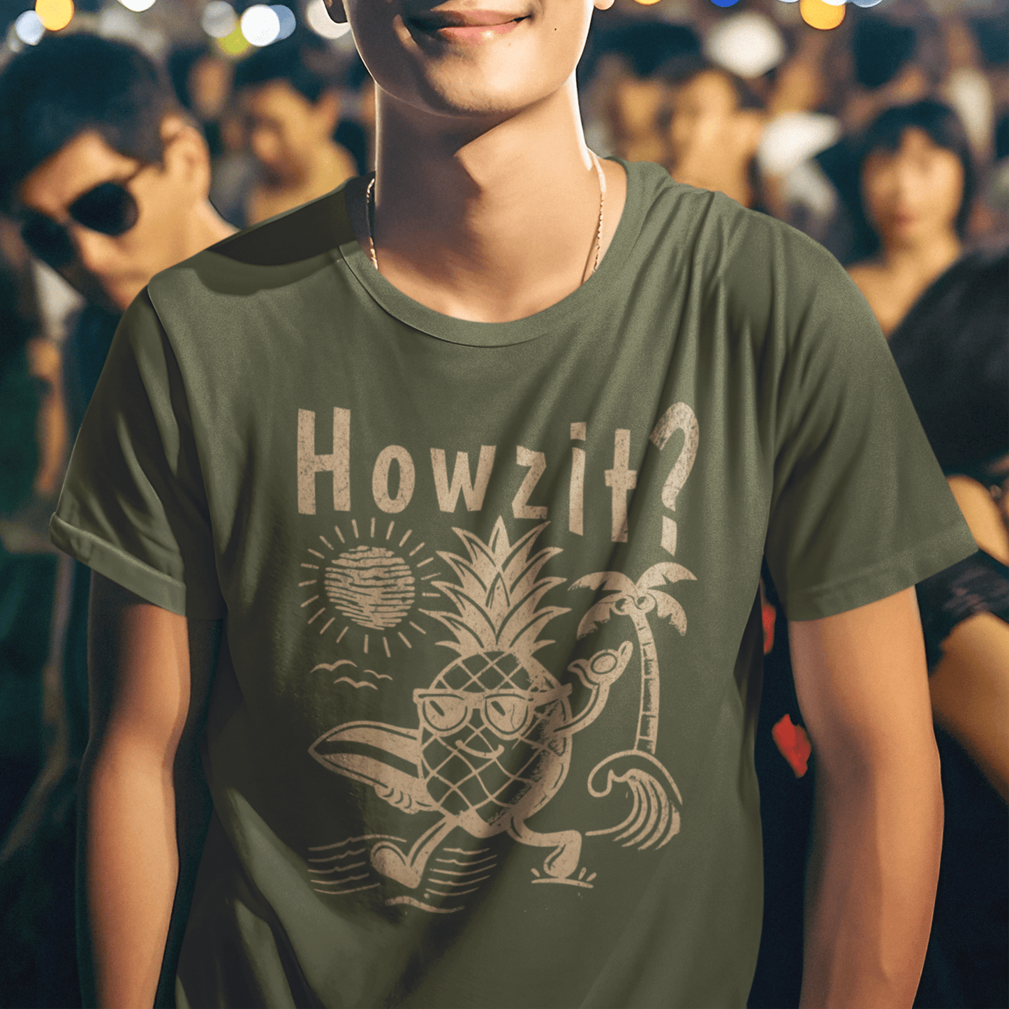 Howzit? Pineapple Shaka, Hawaii T-Shirt Military Green / S