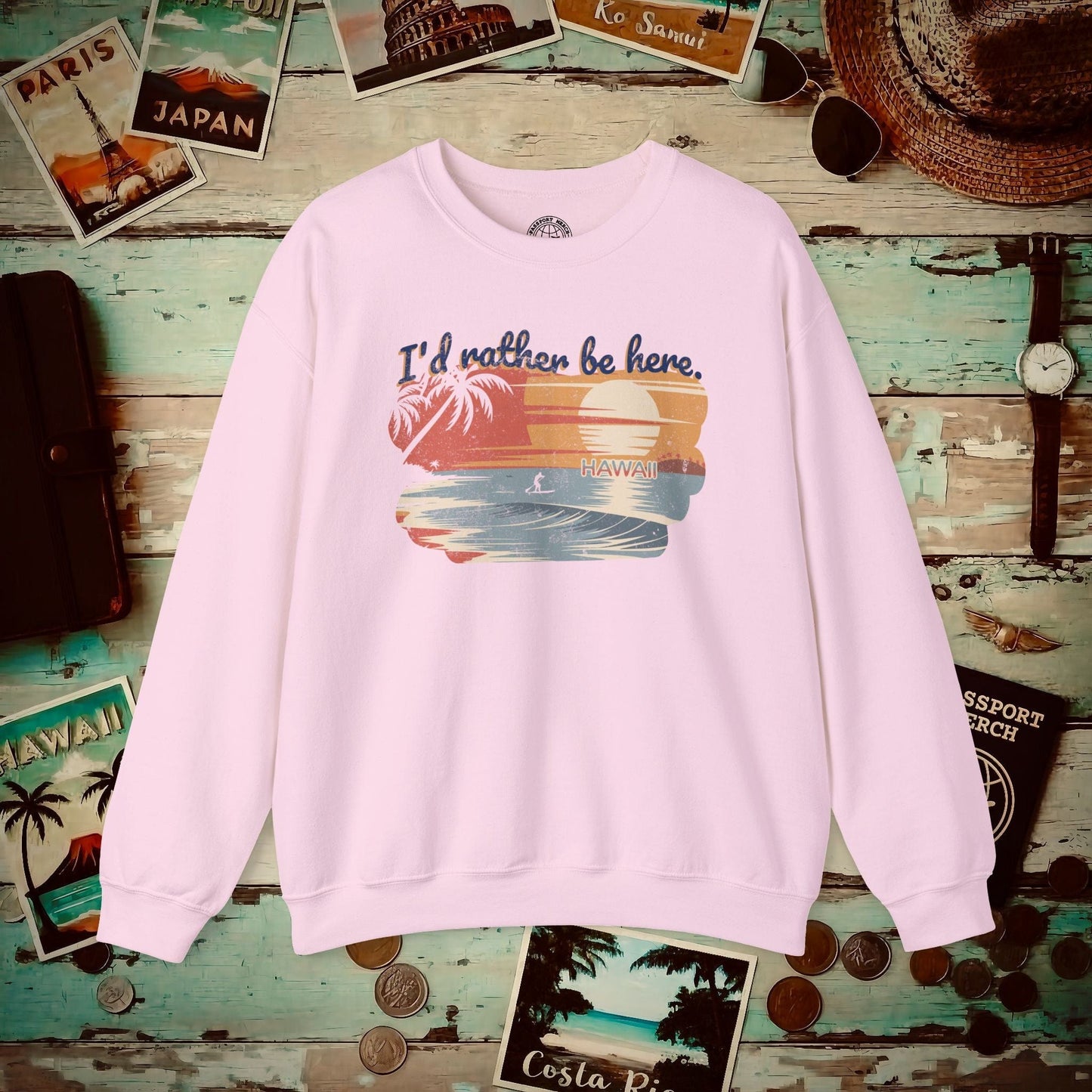I'd Rather Be Here, Hawaii Crewneck Light Pink / S