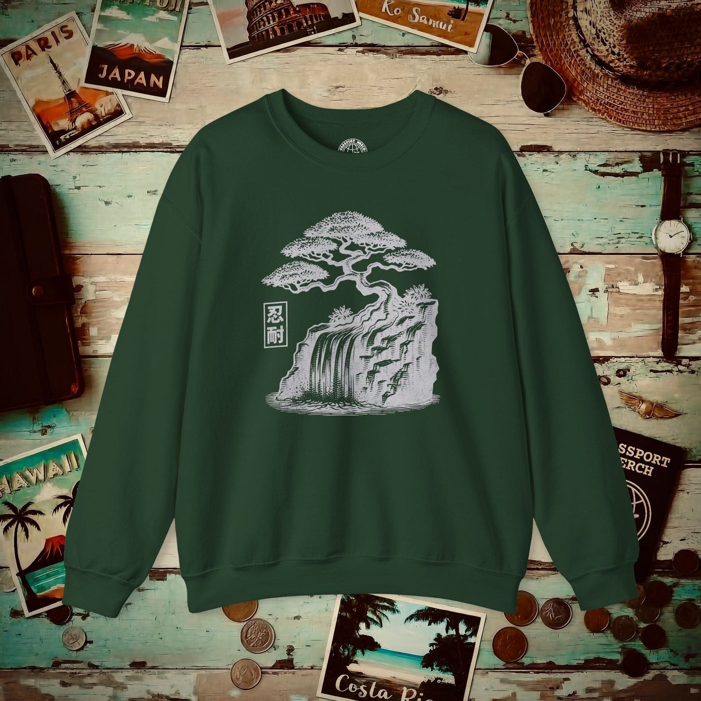 Japanese Nintai (Patience) Bonsai Crewneck Forest Green / S