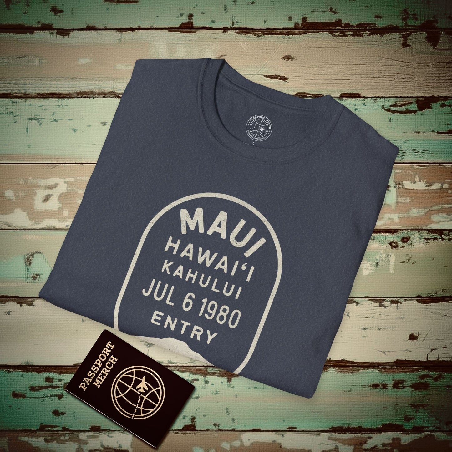 Kahului, Maui, Hawaii - Vintage Passport Stamp T-Shirt Heather Navy / S