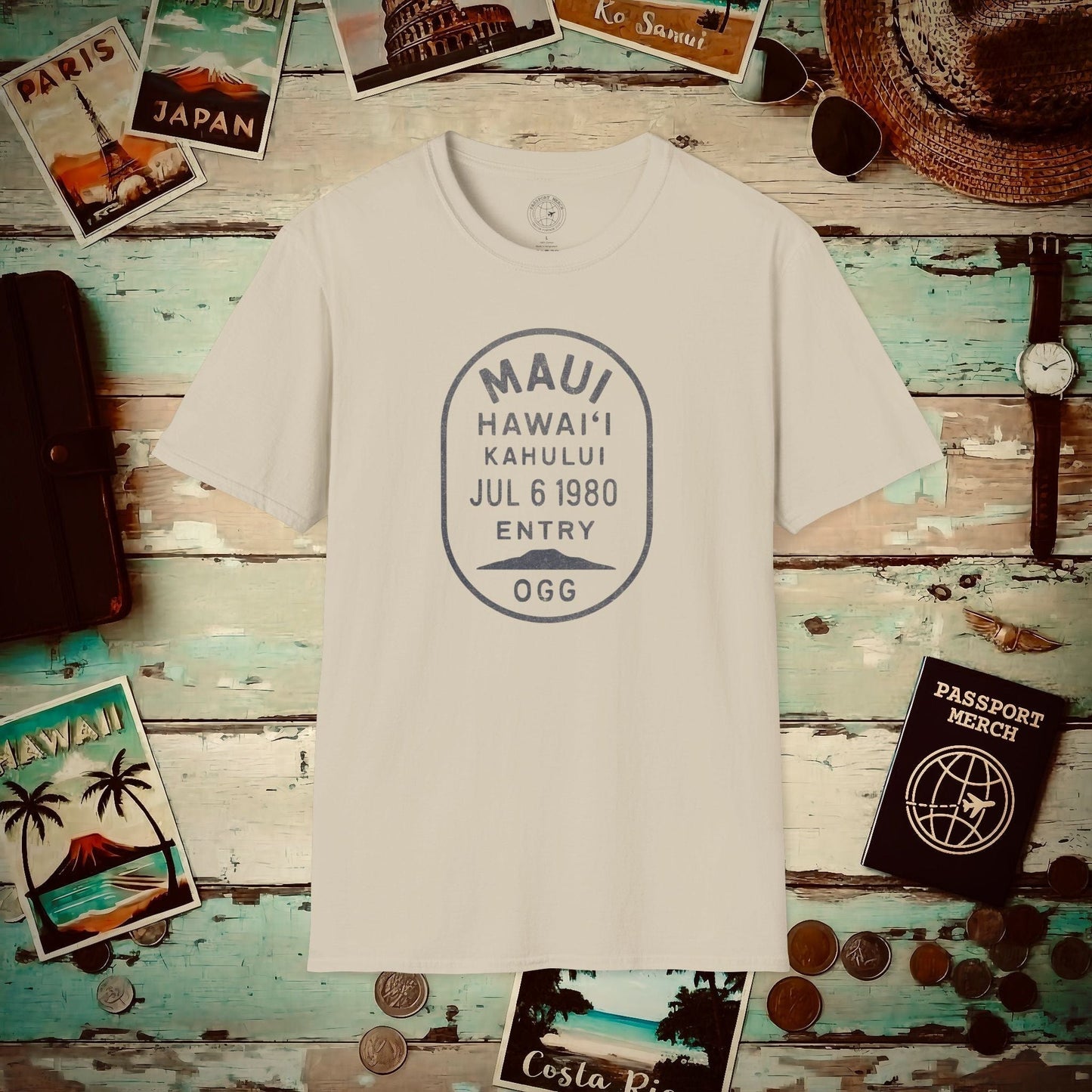 Kahului, Maui, Hawaii - Vintage Passport Stamp T-Shirt Sand / S