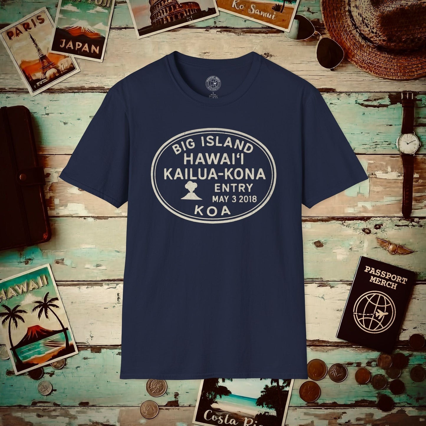 Kailua-Kona, Big Island, Hawaii - Vintage Passport Stamp T-Shirt Navy / S