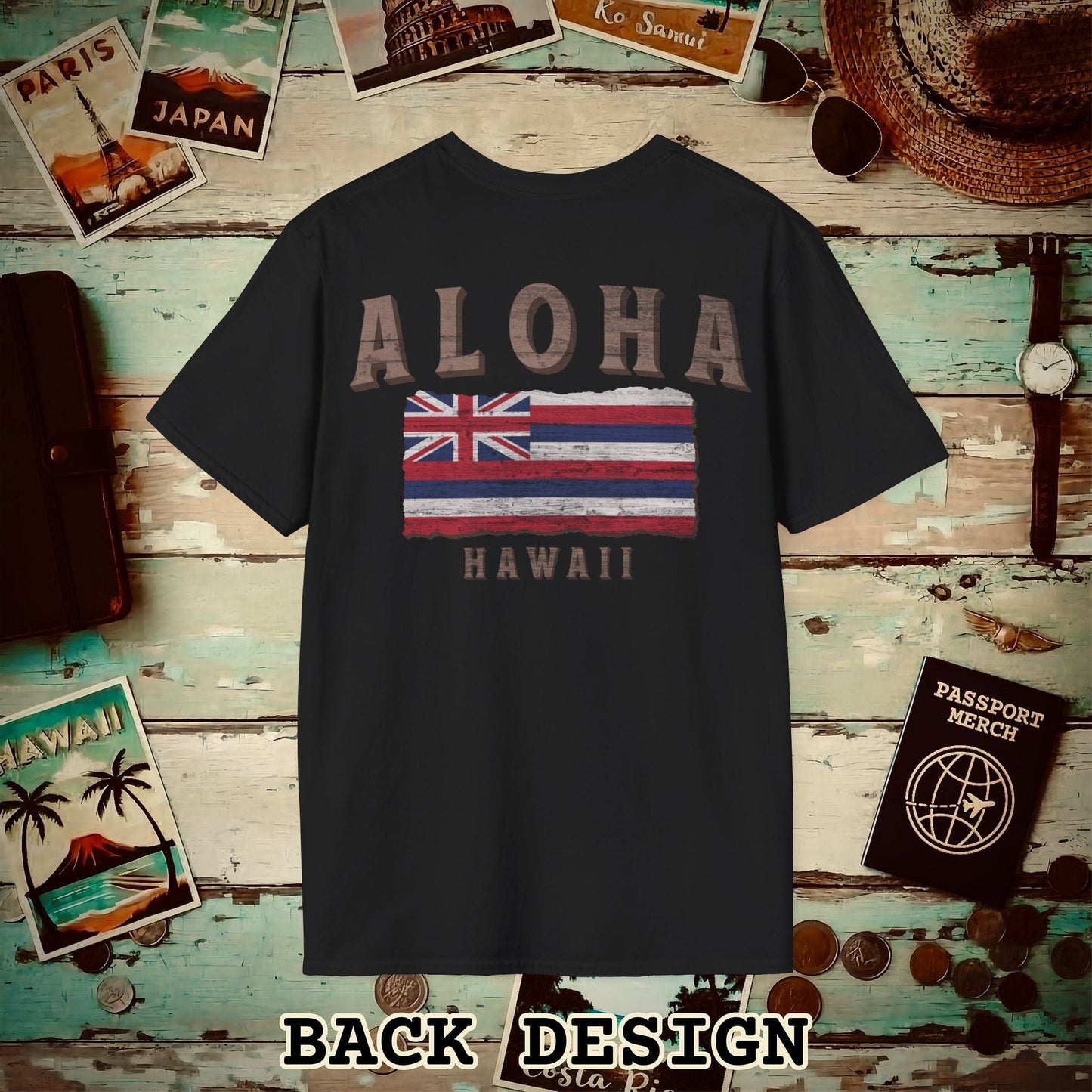 Koa Wood Aloha Hawaiian Flag, Back Print T-Shirt Black / S
