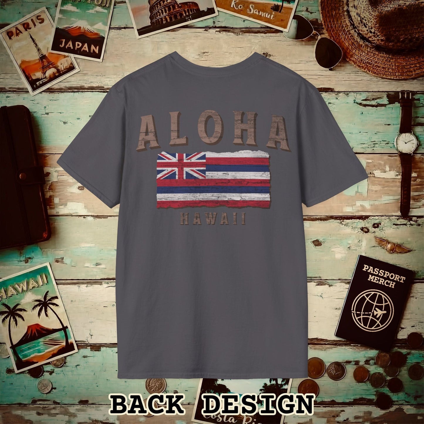 Koa Wood Aloha Hawaiian Flag, Back Print T-Shirt Charcoal / S