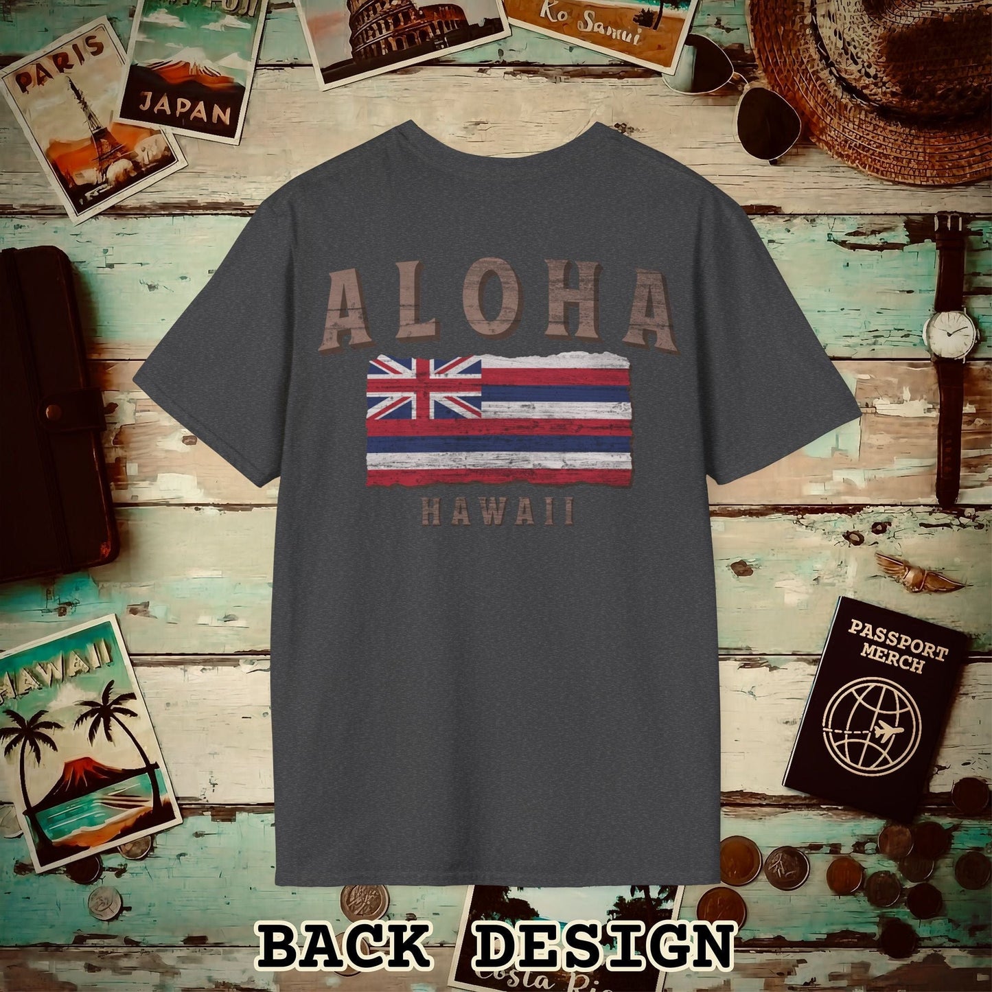 Koa Wood Aloha Hawaiian Flag, Back Print T-Shirt Dark Heather / S