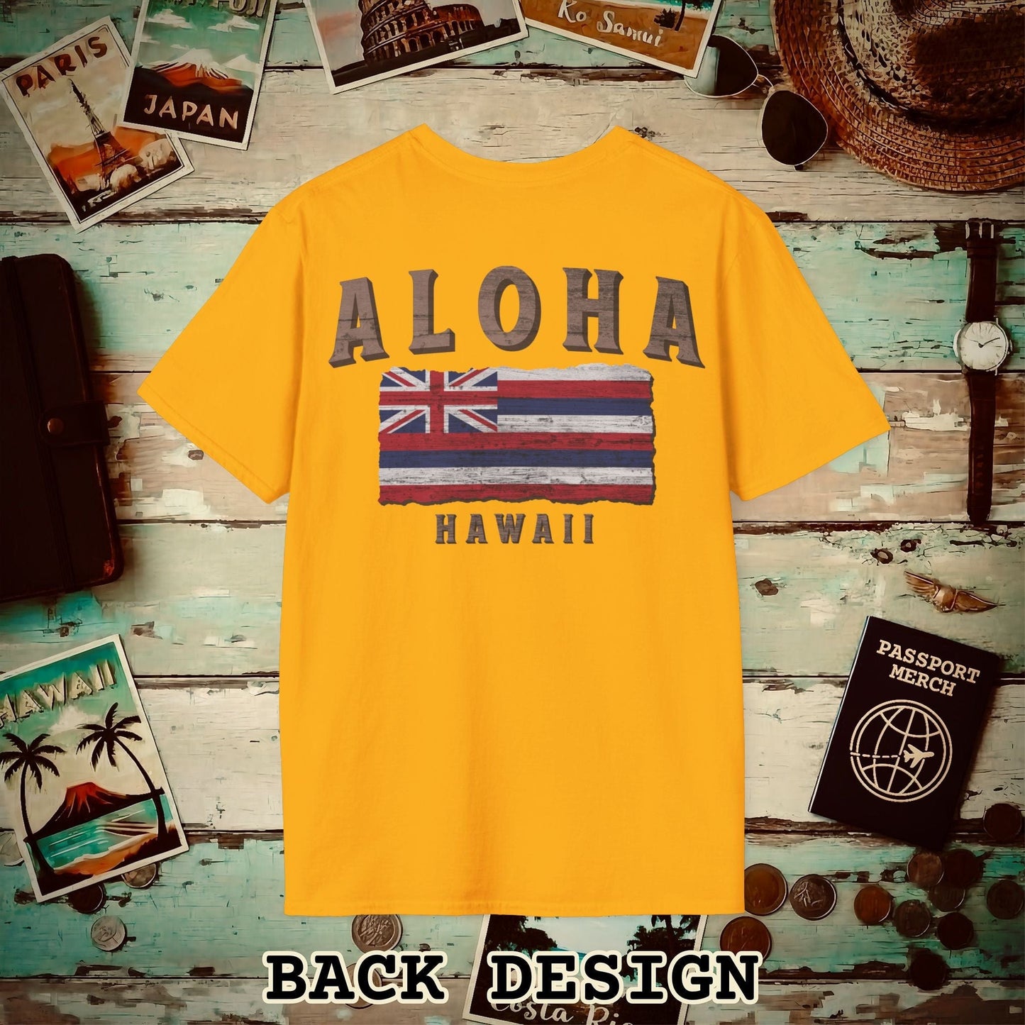 Koa Wood Aloha Hawaiian Flag, Back Print T-Shirt Gold / S