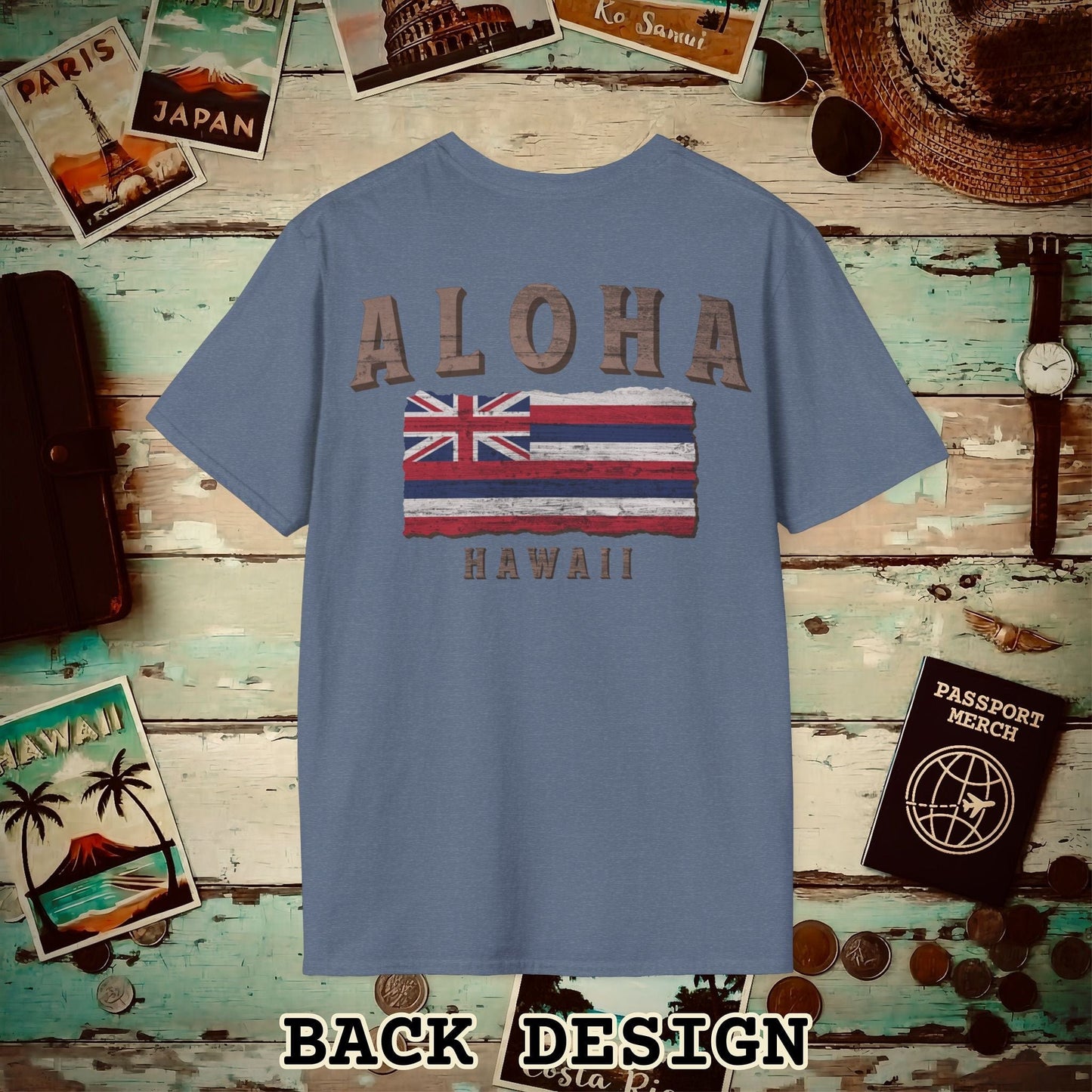 Koa Wood Aloha Hawaiian Flag, Back Print T-Shirt Heather Indigo / S