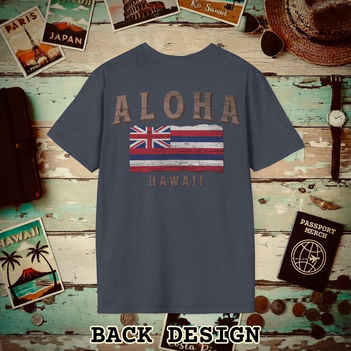 Koa Wood Aloha Hawaiian Flag, Back Print T-Shirt Heather Navy / S