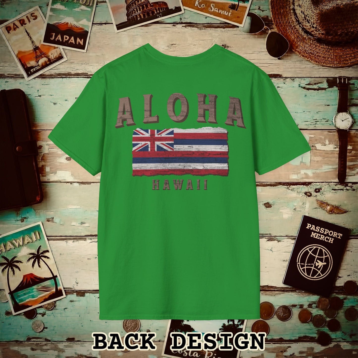 Koa Wood Aloha Hawaiian Flag, Back Print T-Shirt Irish Green / S