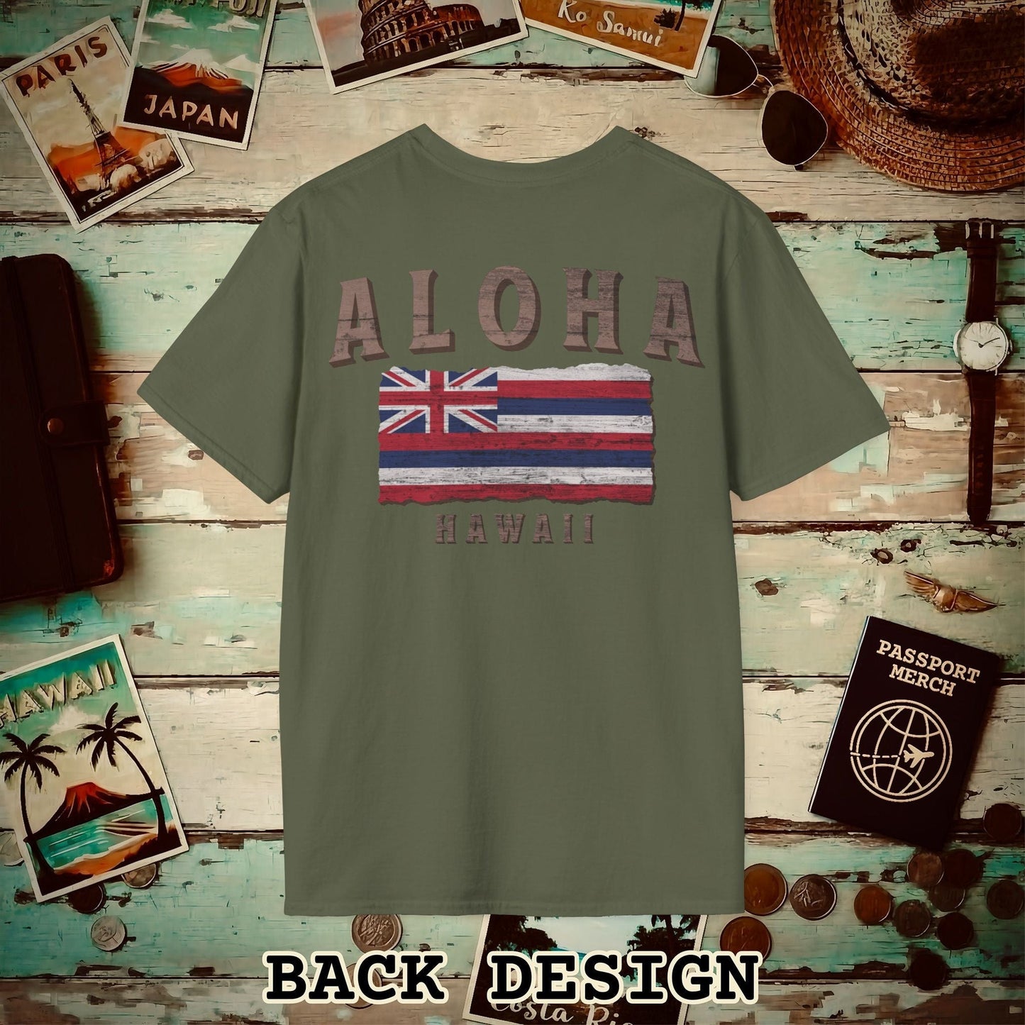 Koa Wood Aloha Hawaiian Flag, Back Print T-Shirt Military Green / S
