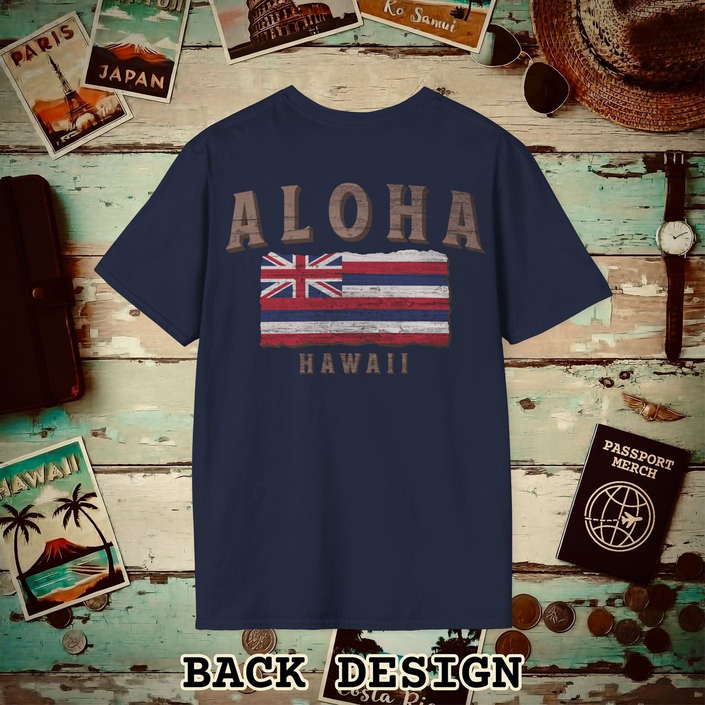 Koa Wood Aloha Hawaiian Flag, Back Print T-Shirt Navy / S