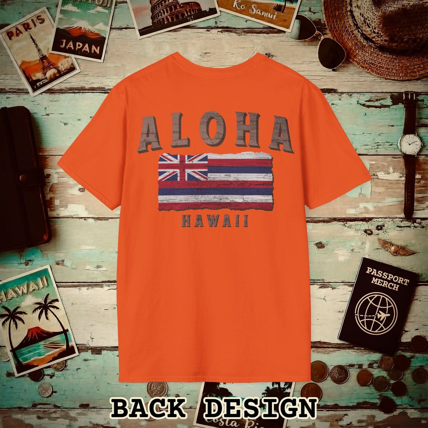 Koa Wood Aloha Hawaiian Flag, Back Print T-Shirt Orange / S