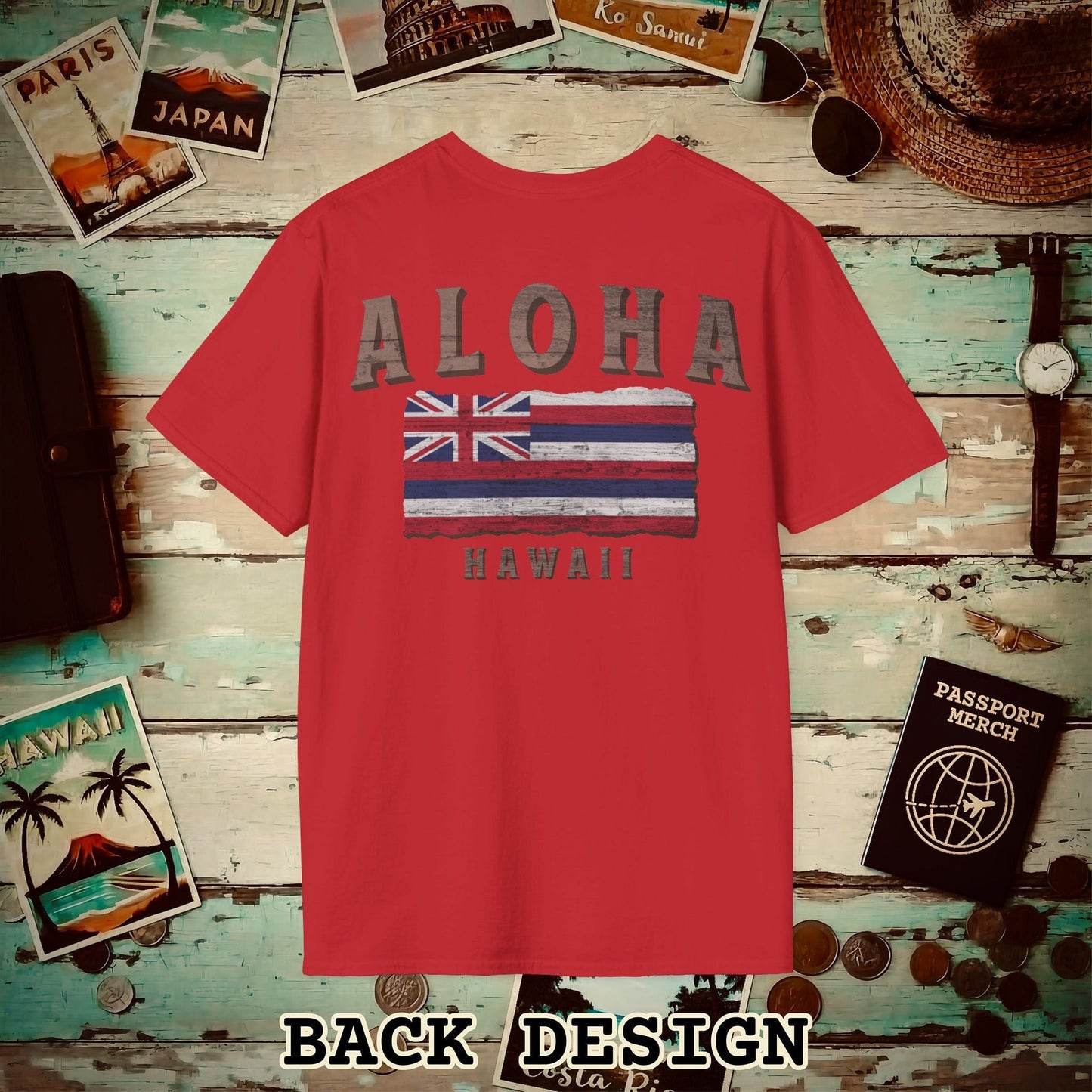Koa Wood Aloha Hawaiian Flag, Back Print T-Shirt Red / S