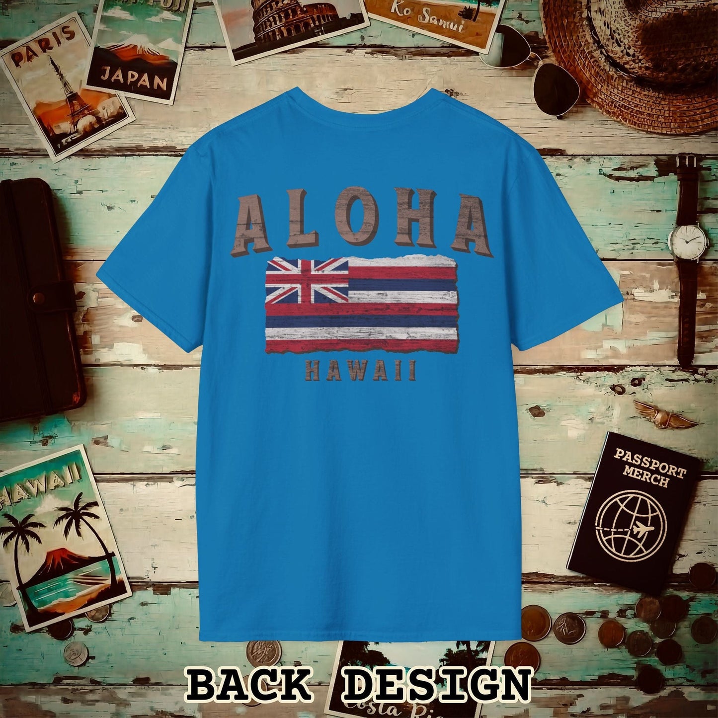 Koa Wood Aloha Hawaiian Flag, Back Print T-Shirt Sapphire / S