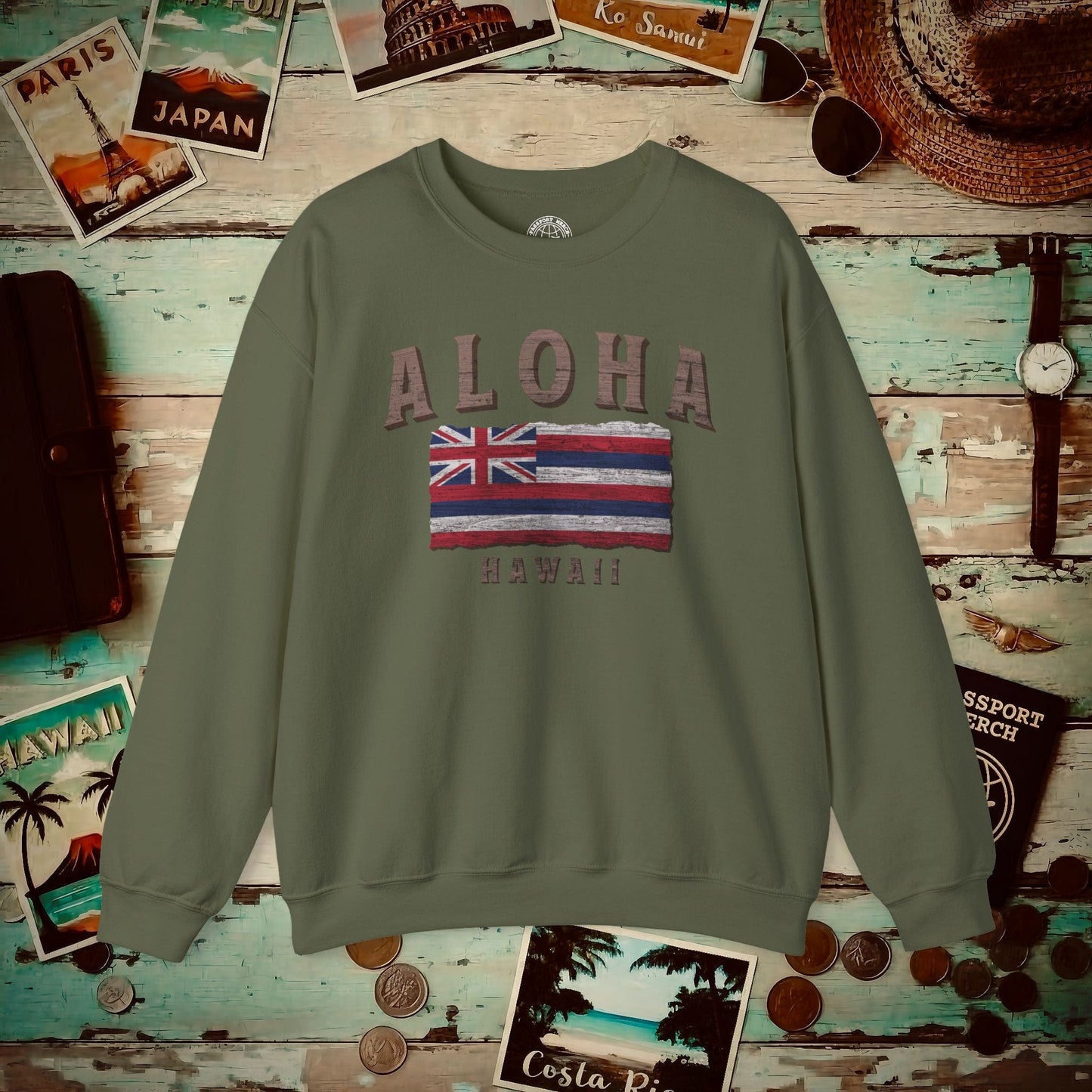 Koa Wood Aloha Hawaiian Flag Crewneck Military Green / S