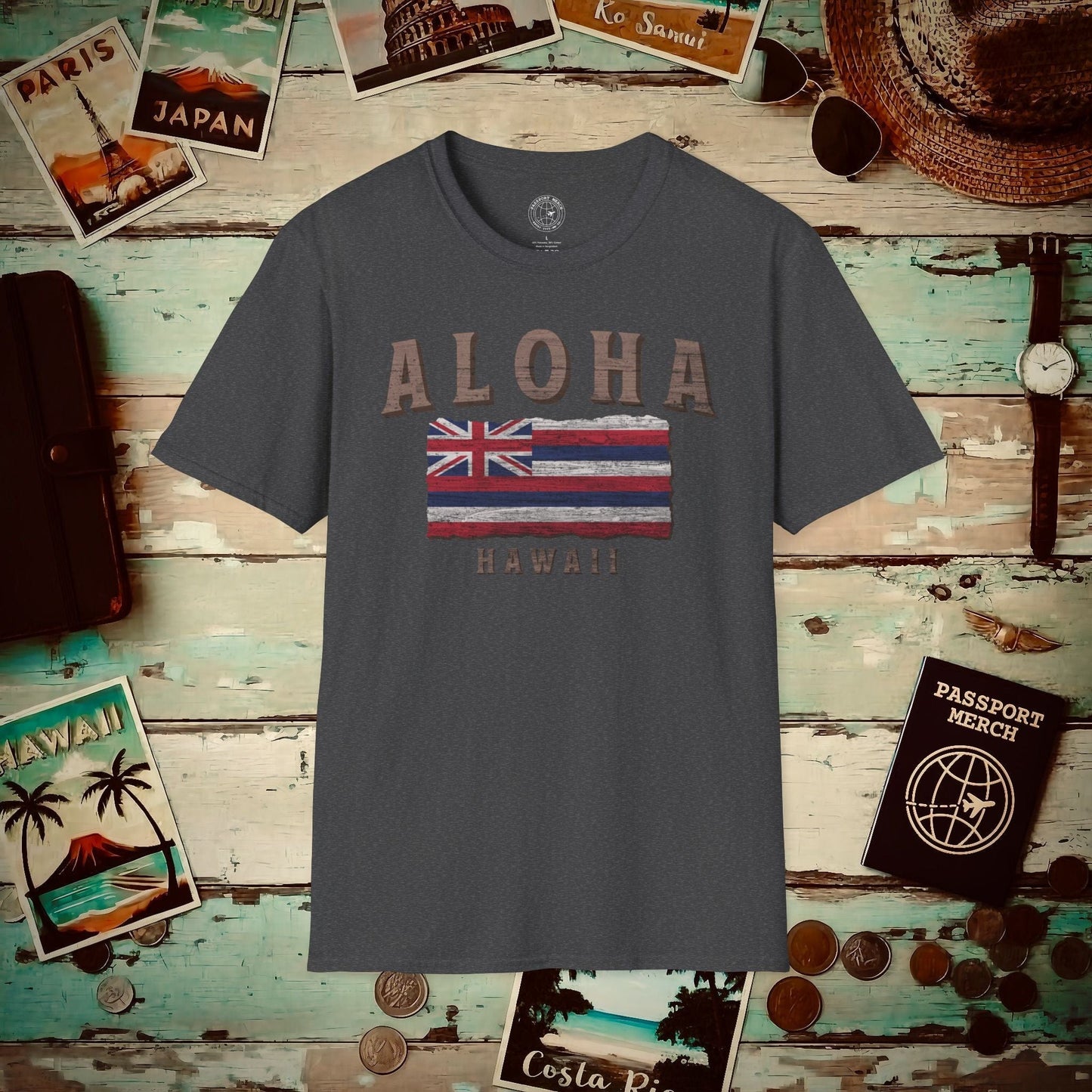 Koa Wood Aloha Hawaiian Flag T-Shirt Dark Heather / S