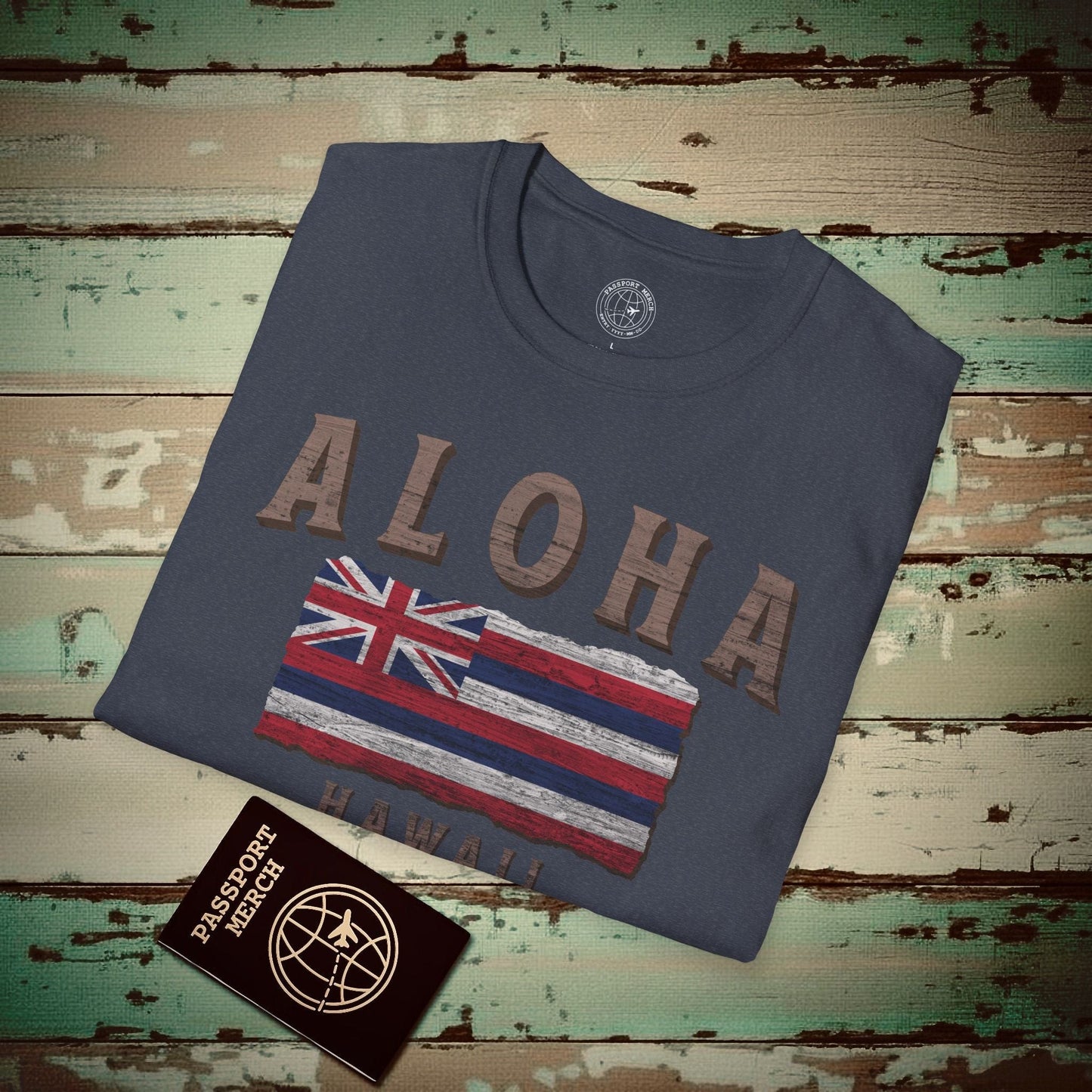 Koa Wood Aloha Hawaiian Flag T-Shirt Heather Navy / S