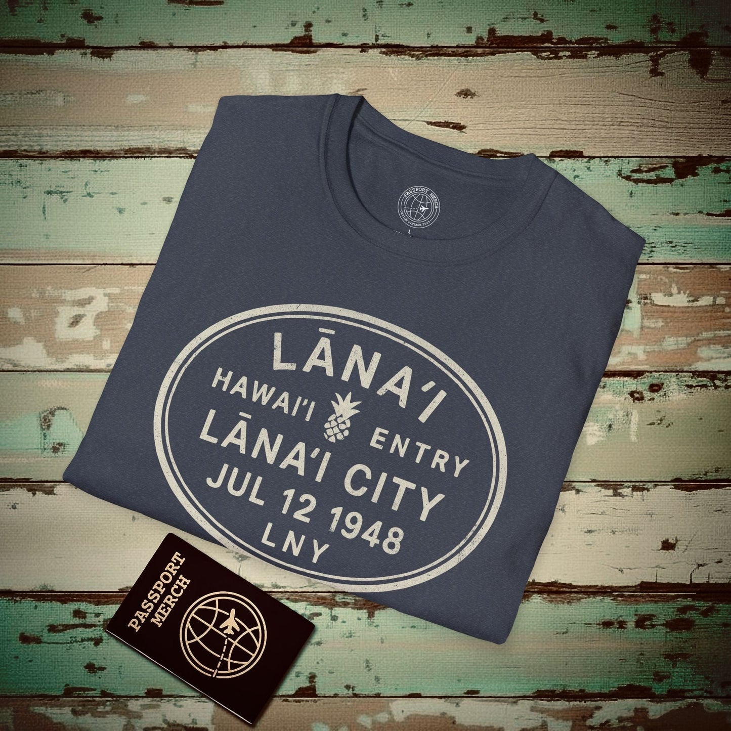 Lanai City, Lanai, Hawaii - Vintage Passport Stamp T-Shirt Heather Navy / S