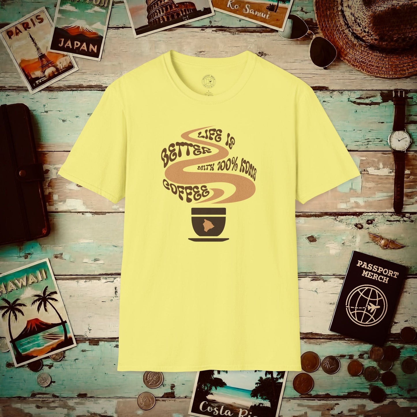 Life is better with 100% Kona Coffee, Hawaii T-Shirt Cornsilk / S