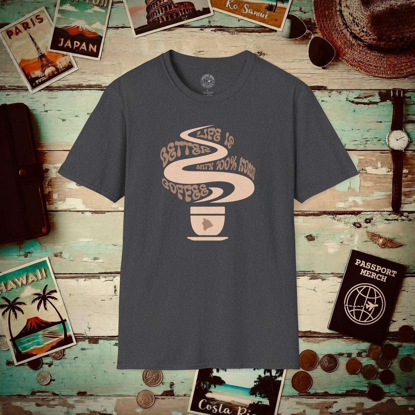 Life is better with 100% Kona Coffee, Hawaii T-Shirt Dark Heather / S