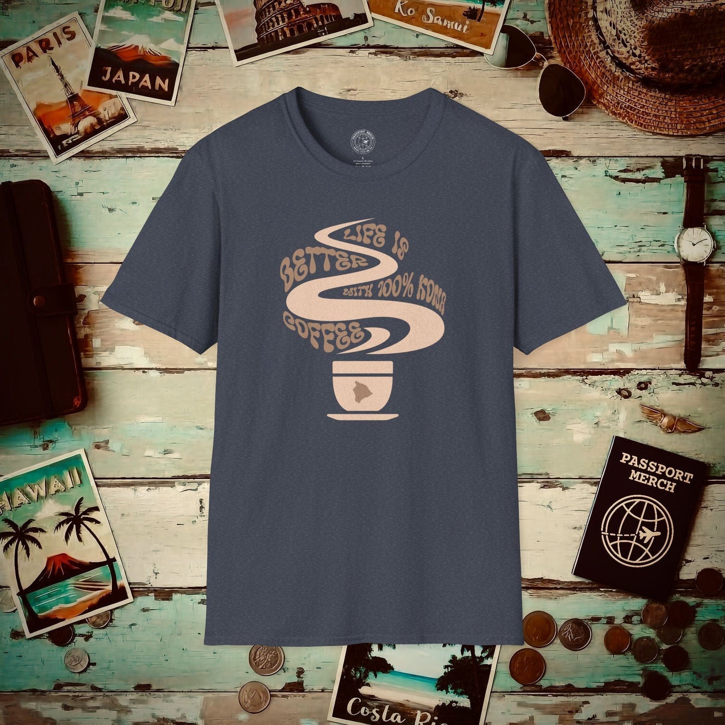 Life is better with 100% Kona Coffee, Hawaii T-Shirt Heather Navy / S