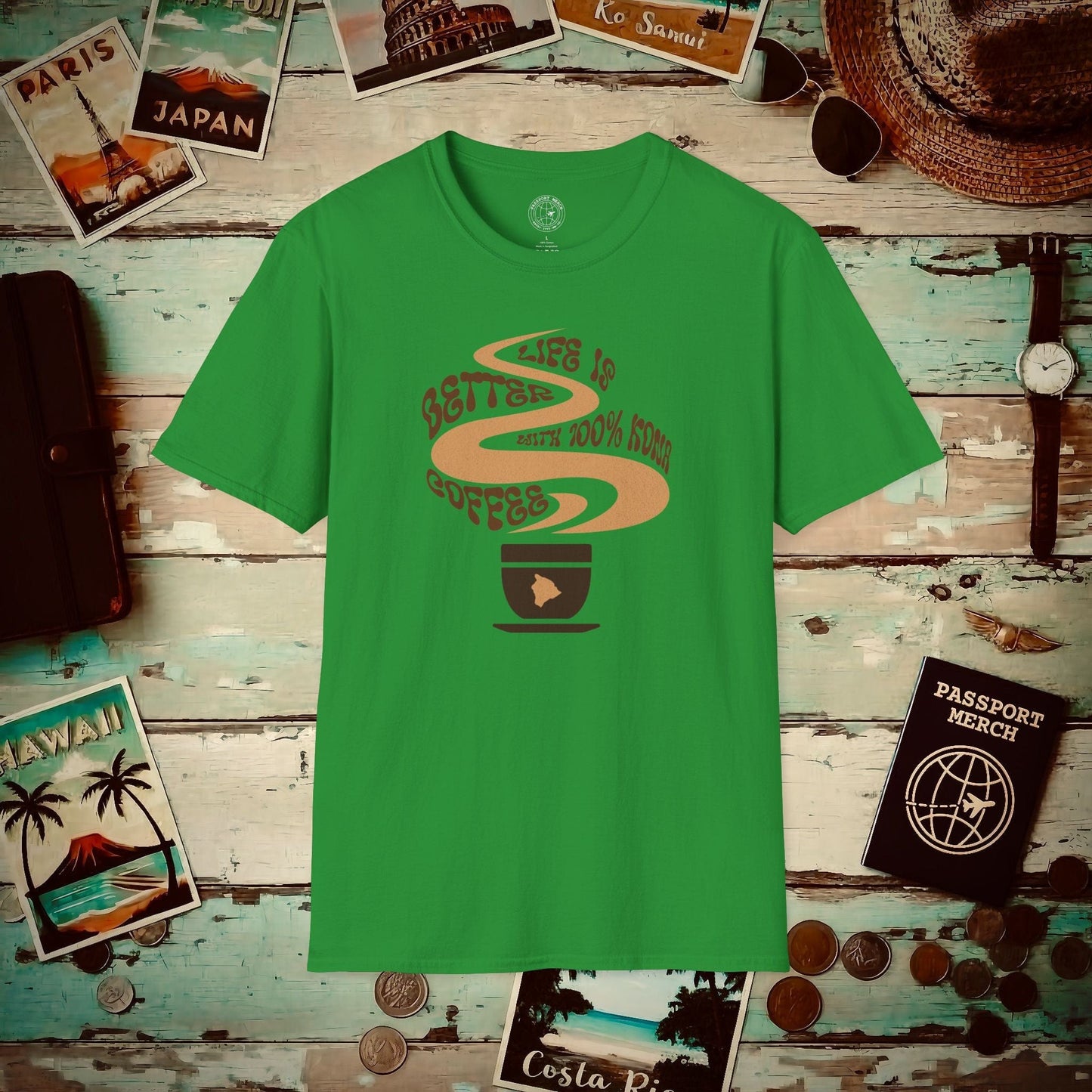 Life is better with 100% Kona Coffee, Hawaii T-Shirt Irish Green / S
