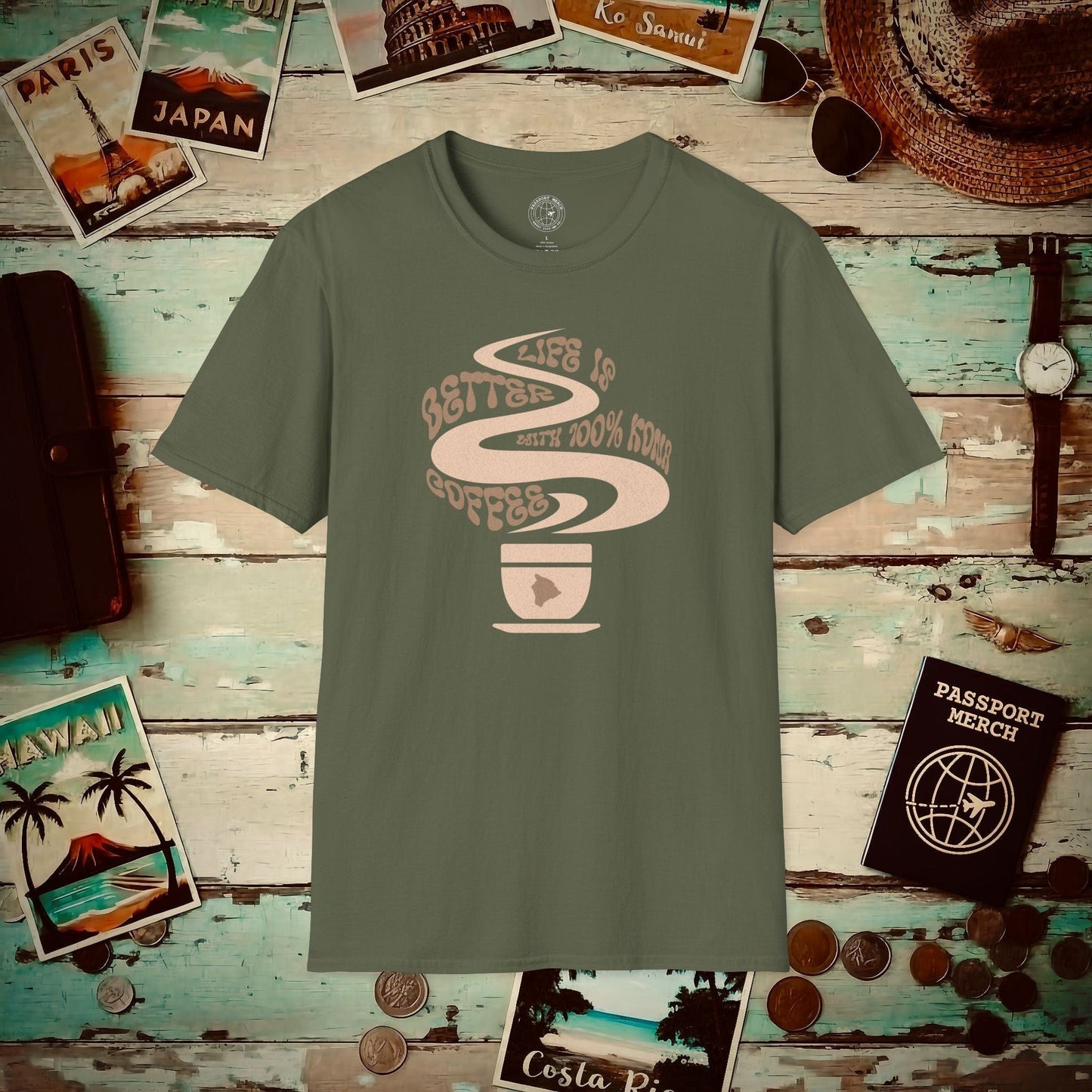 Life is better with 100% Kona Coffee, Hawaii T-Shirt Military Green / S