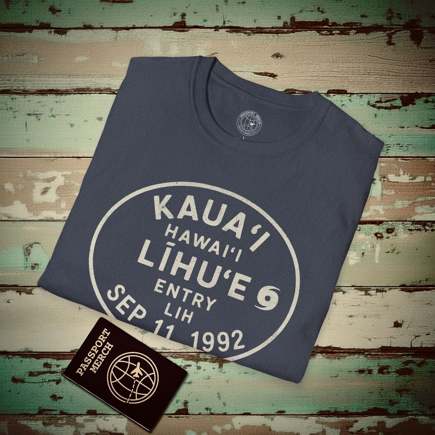 Lihue, Kauai, Hawaii - Vintage Passport Stamp T-Shirt Heather Navy / S