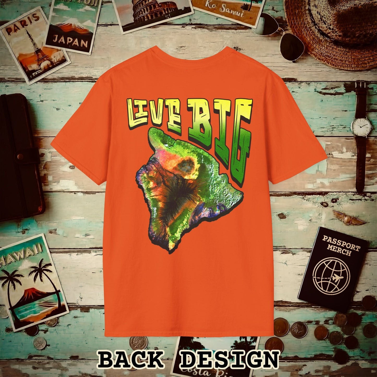 Live BIG (Island), Hawaii, Back Print T-Shirt Orange / S