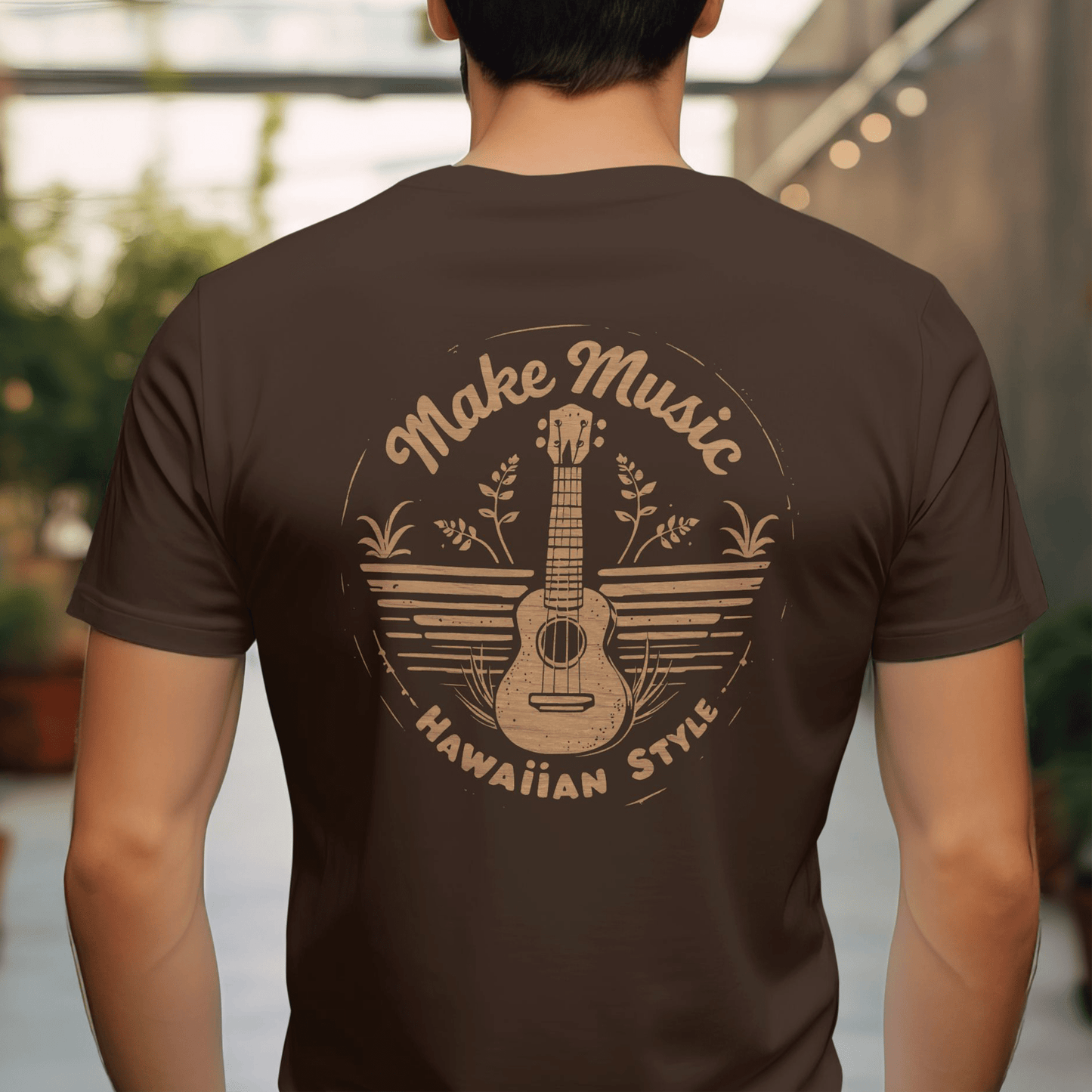 Make Music Hawaiian Style, Back Print T-Shirt Dark Chocolate / S