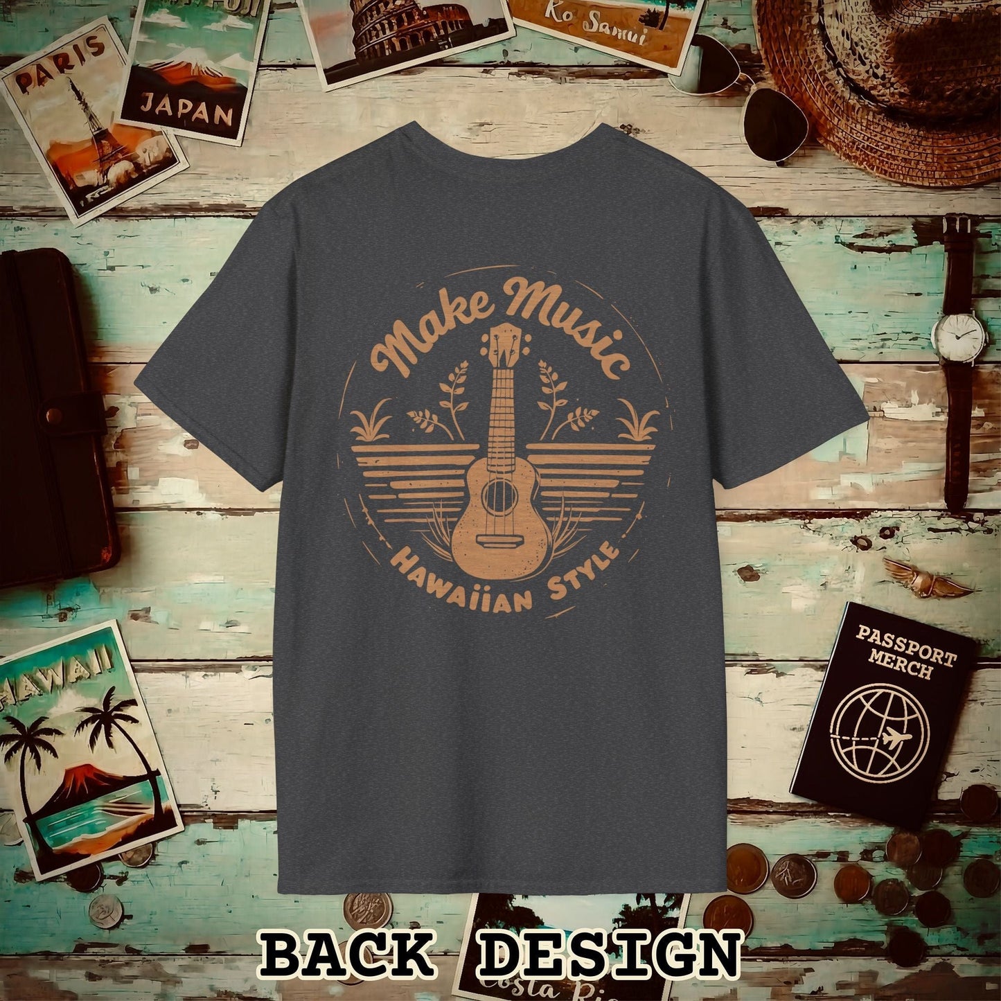 Make Music Hawaiian Style, Back Print T-Shirt Dark Heather / S