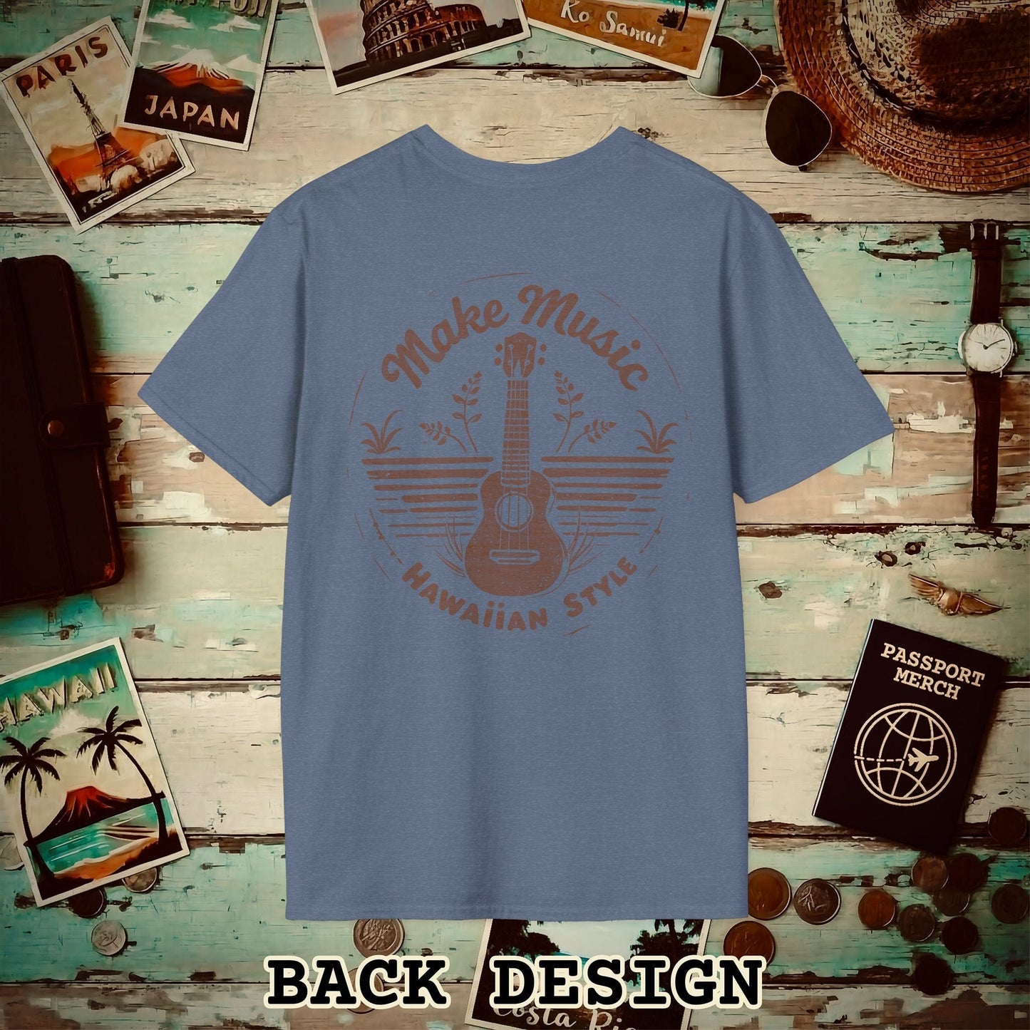 Make Music Hawaiian Style, Back Print T-Shirt Heather Indigo / S