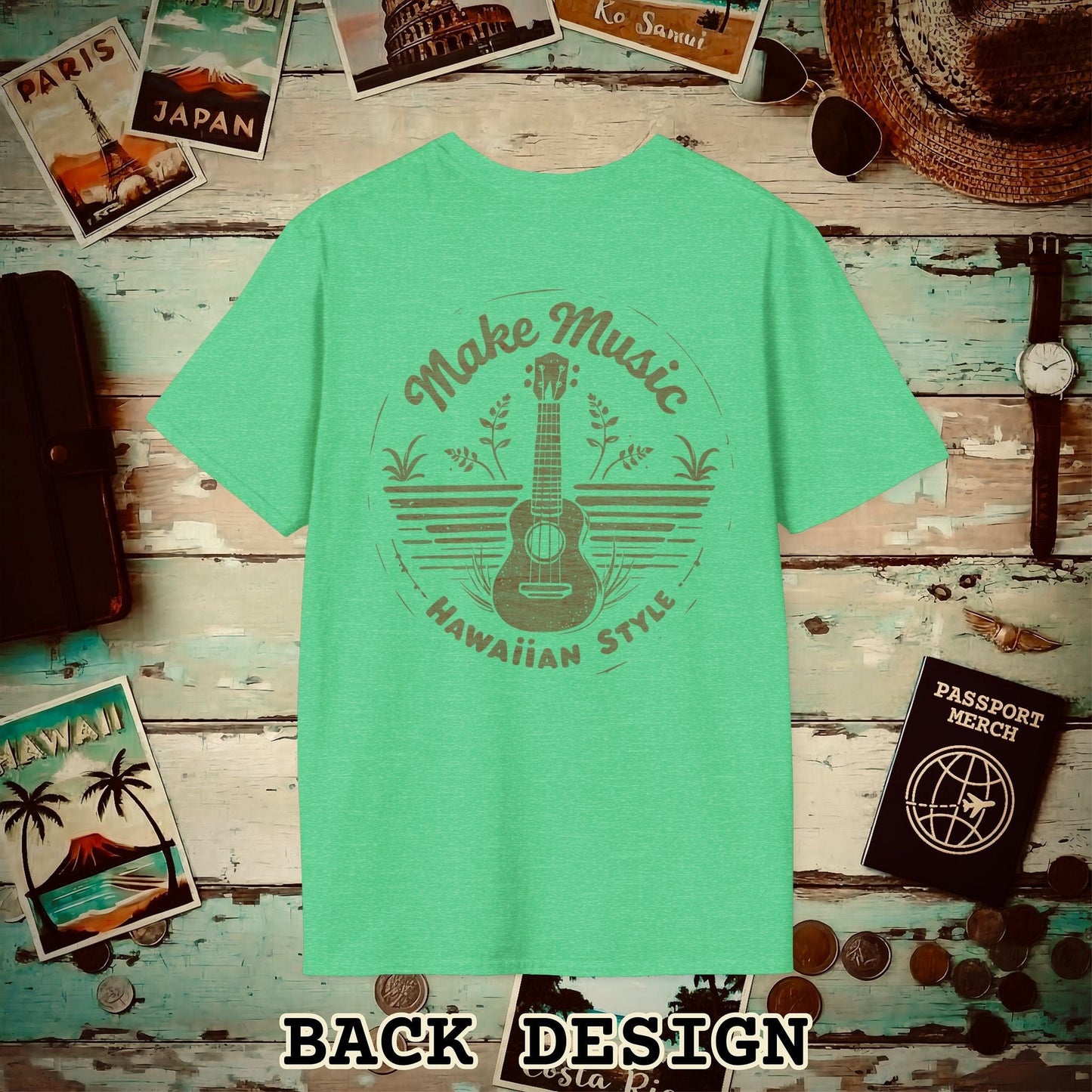 Make Music Hawaiian Style, Back Print T-Shirt Heather Irish Green / S