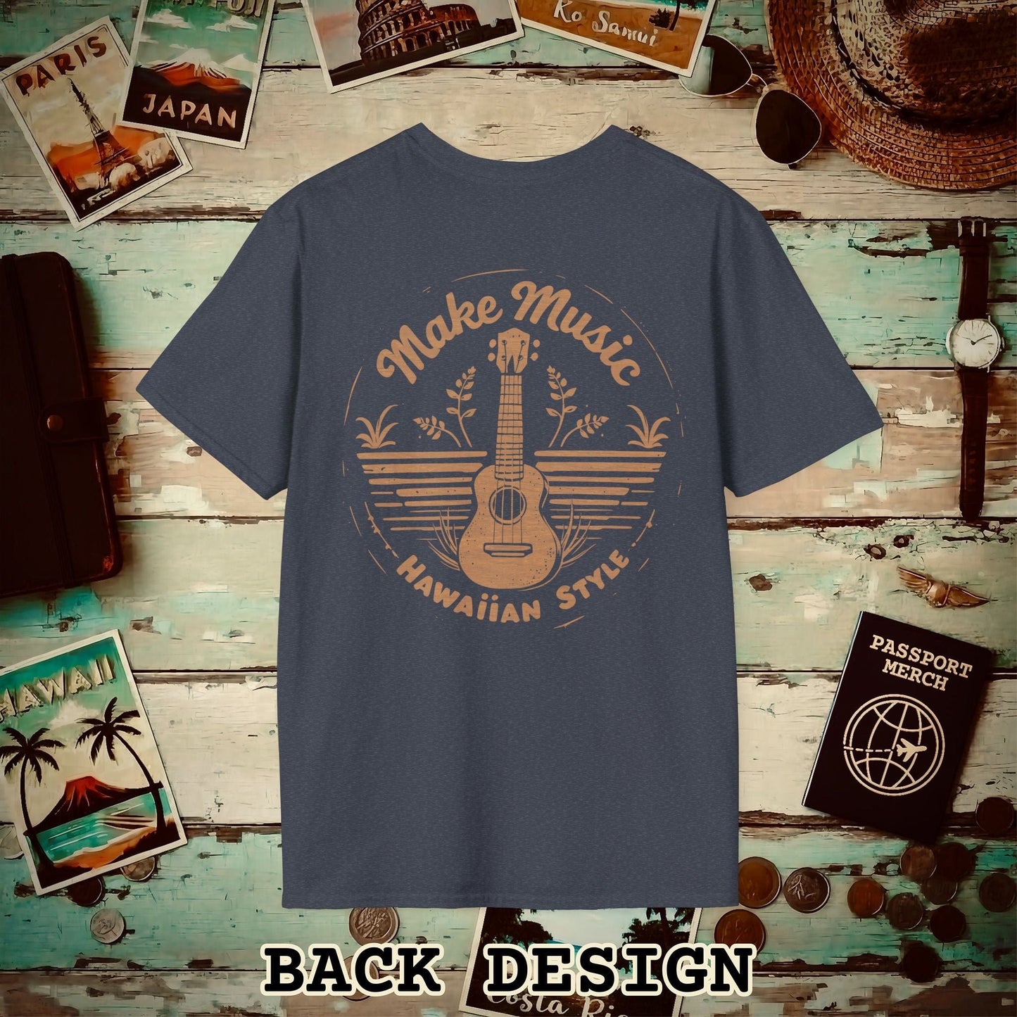 Make Music Hawaiian Style, Back Print T-Shirt Heather Navy / S