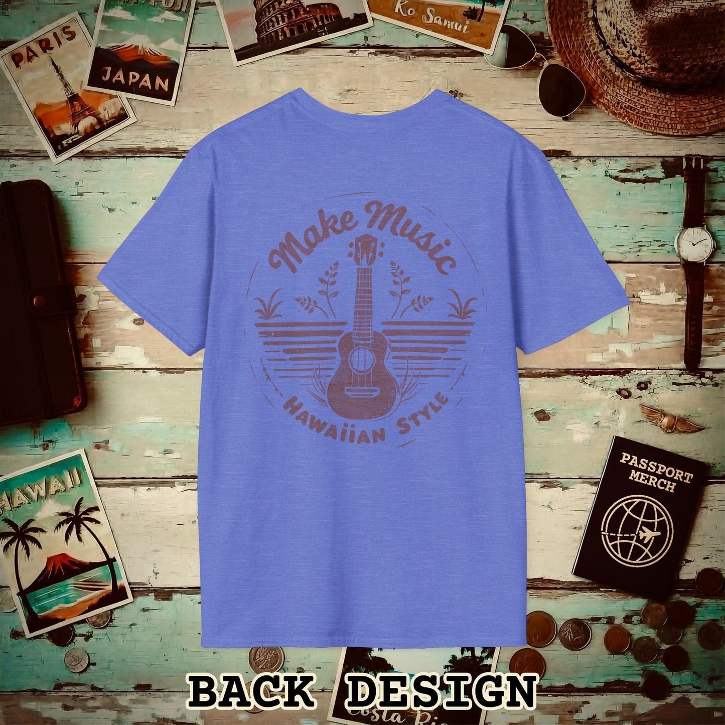 Make Music Hawaiian Style, Back Print T-Shirt Heather Royal / S